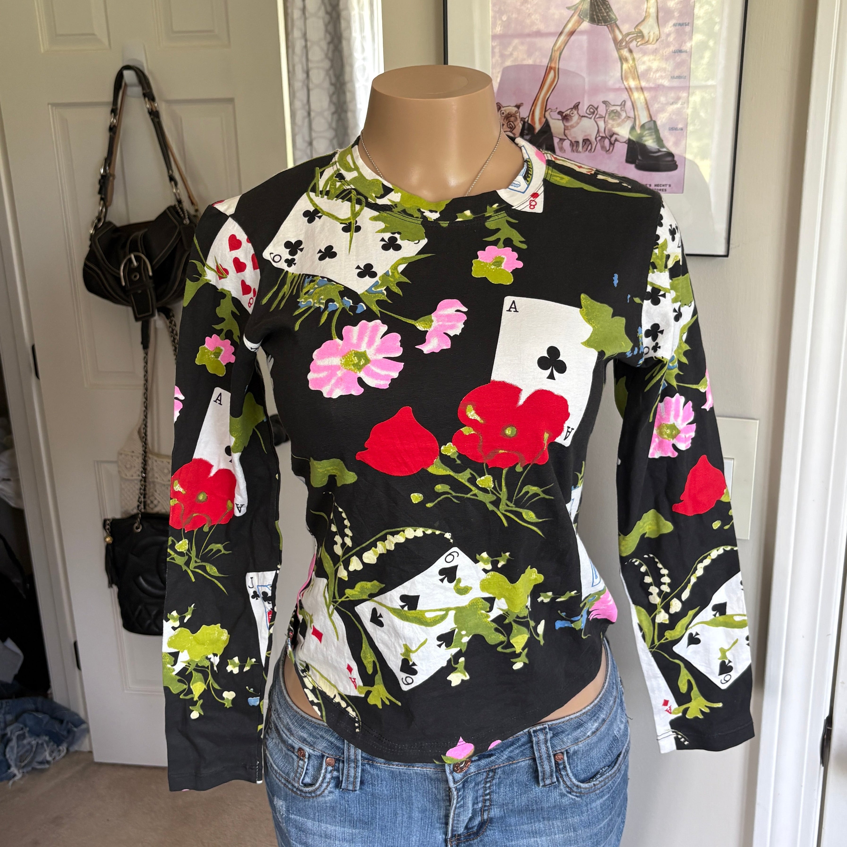 Archival 2002 Christian Dior graphic playing cards & floral top (size M)