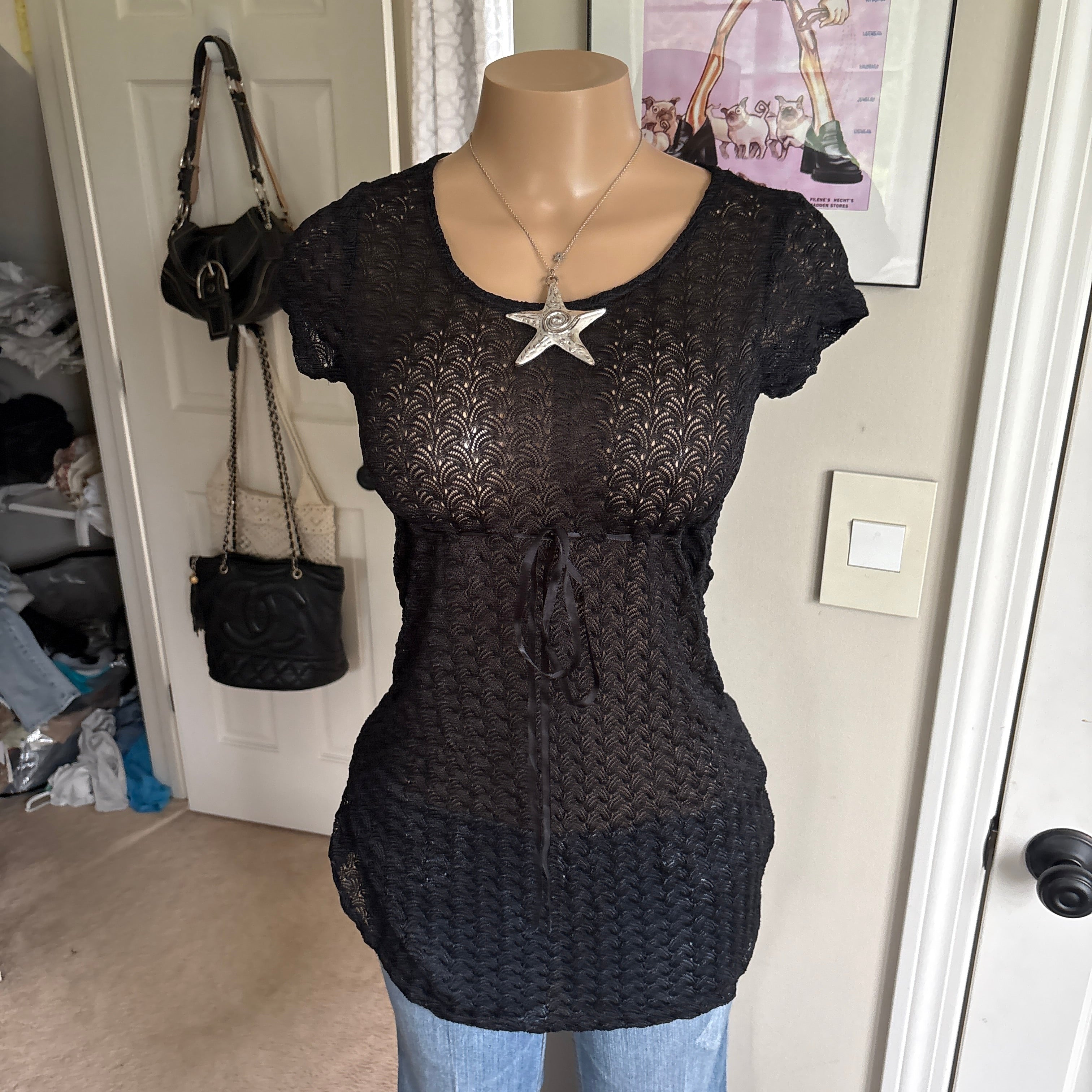 00s black knit crochet bow short sleeve (size M)