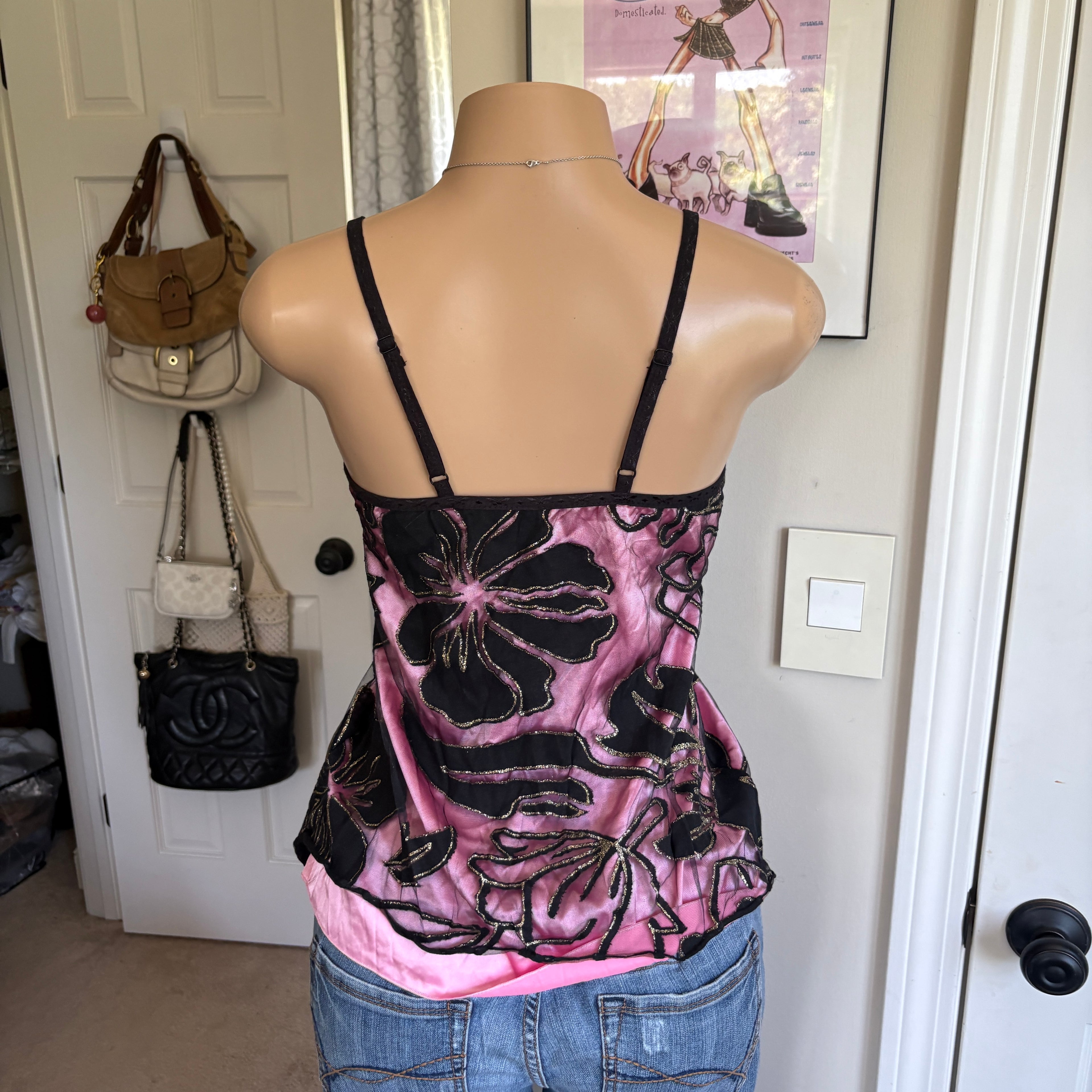 00s black & pink floral v neck cami (size M)