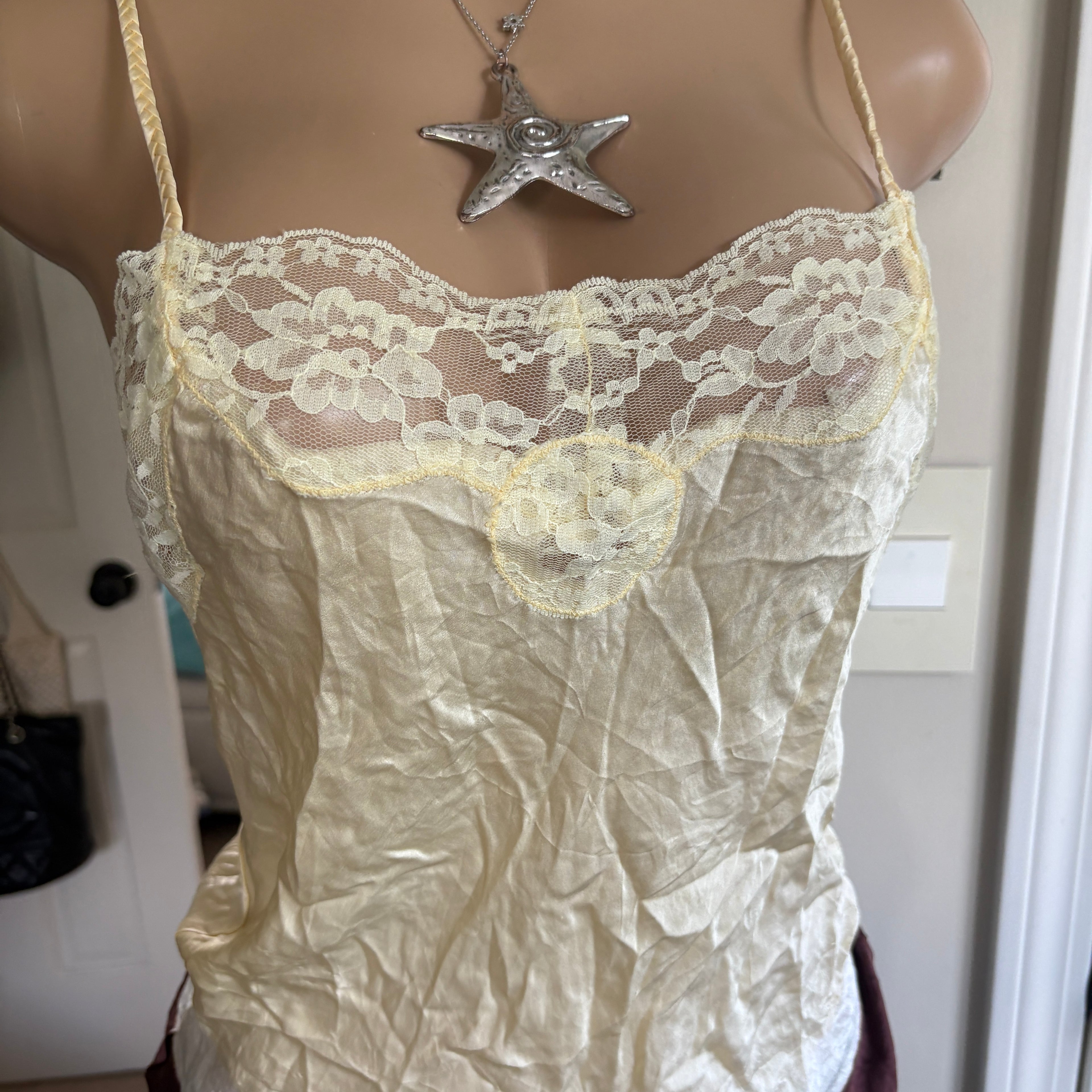 00s pastel yellow & brown silk lace cami (size S)