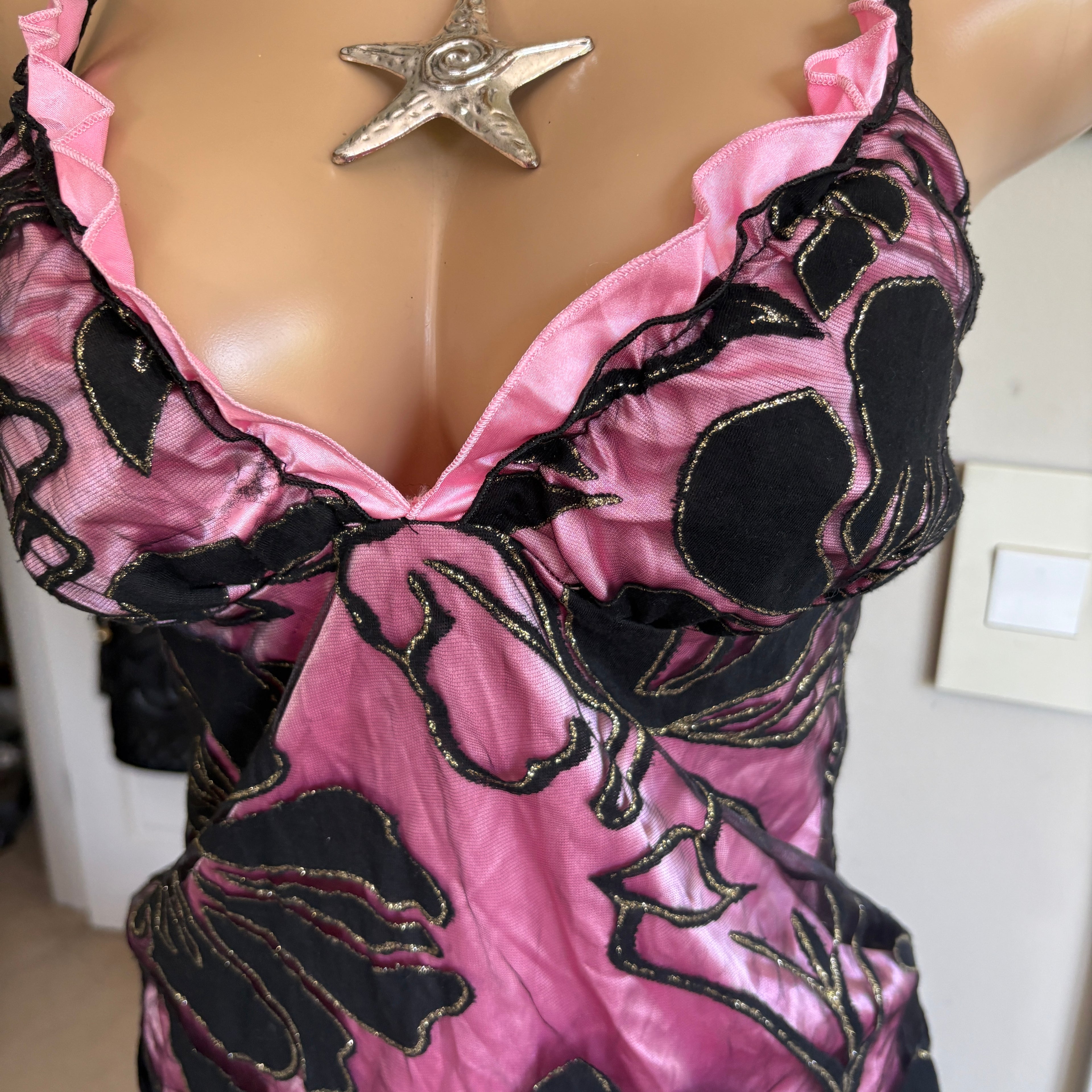 00s black & pink floral v neck cami (size M)