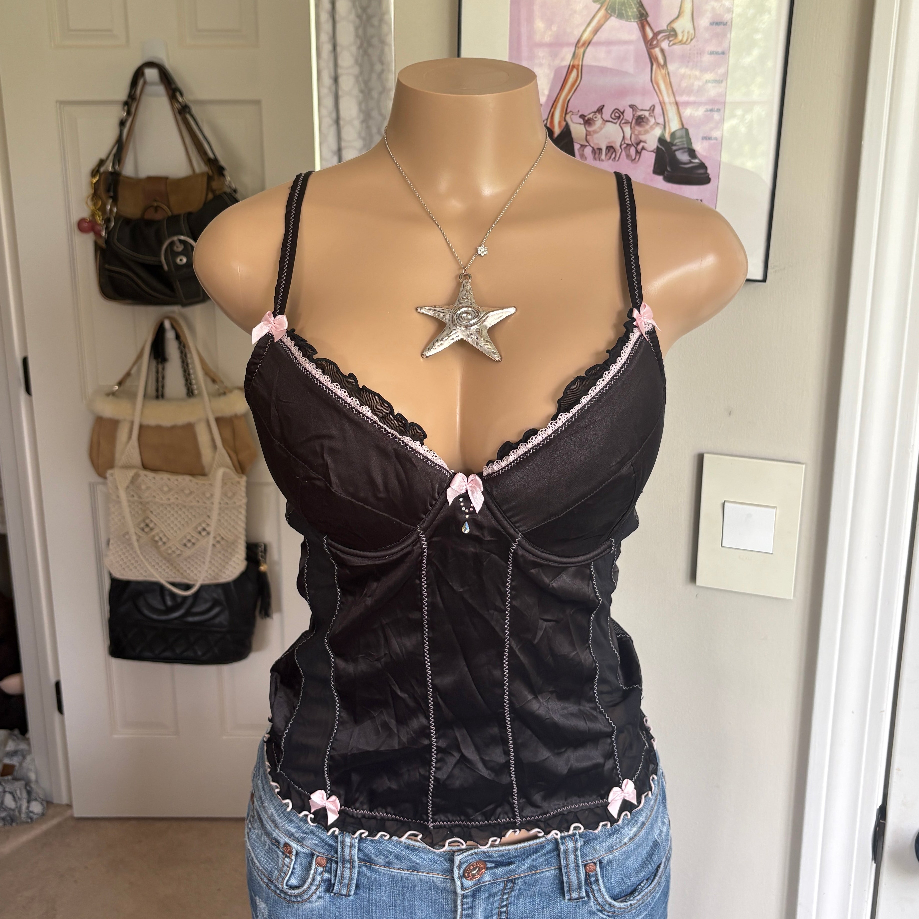 00s black & pink bow bustier corset top (size 36C)