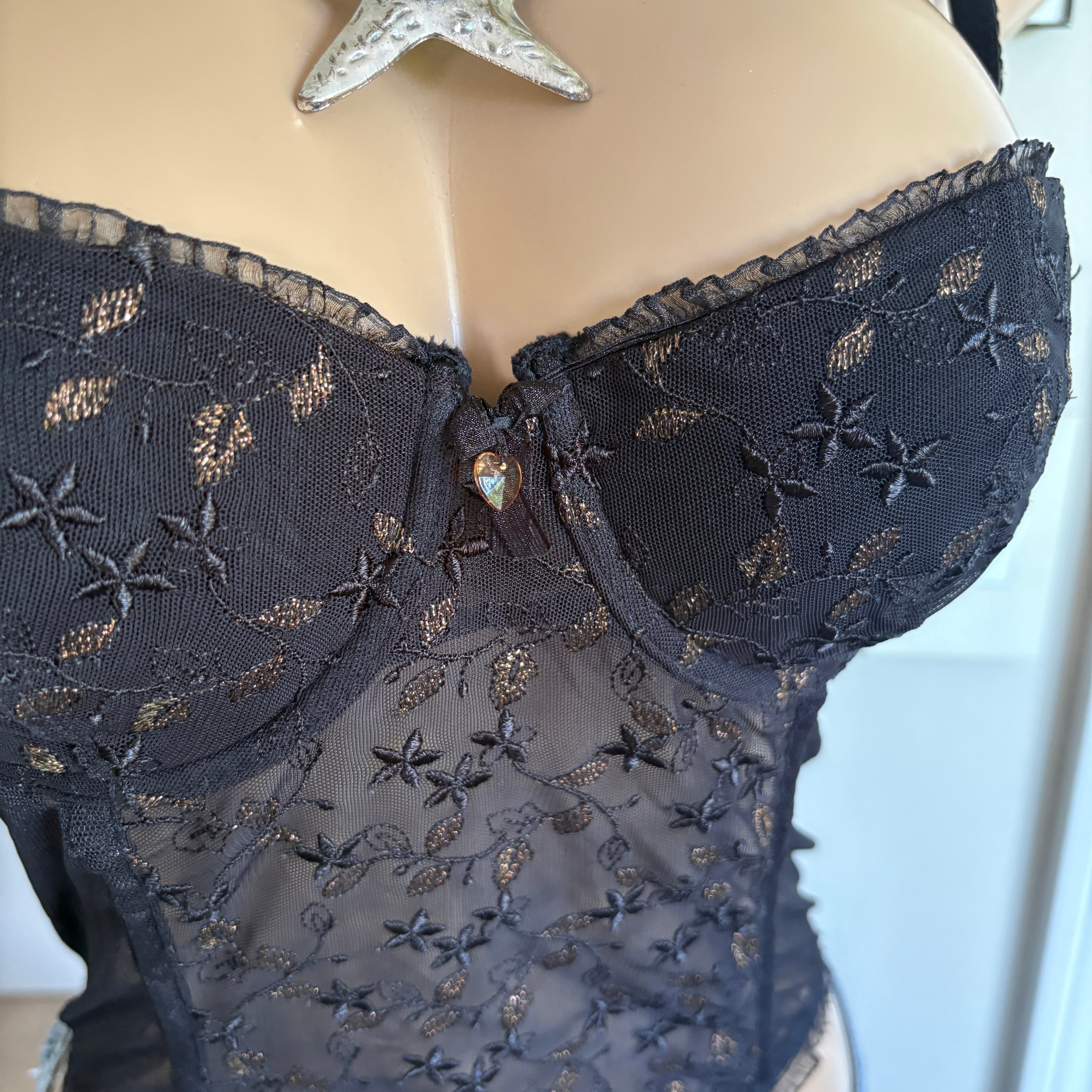 00s black floral corset bustier top (size M)