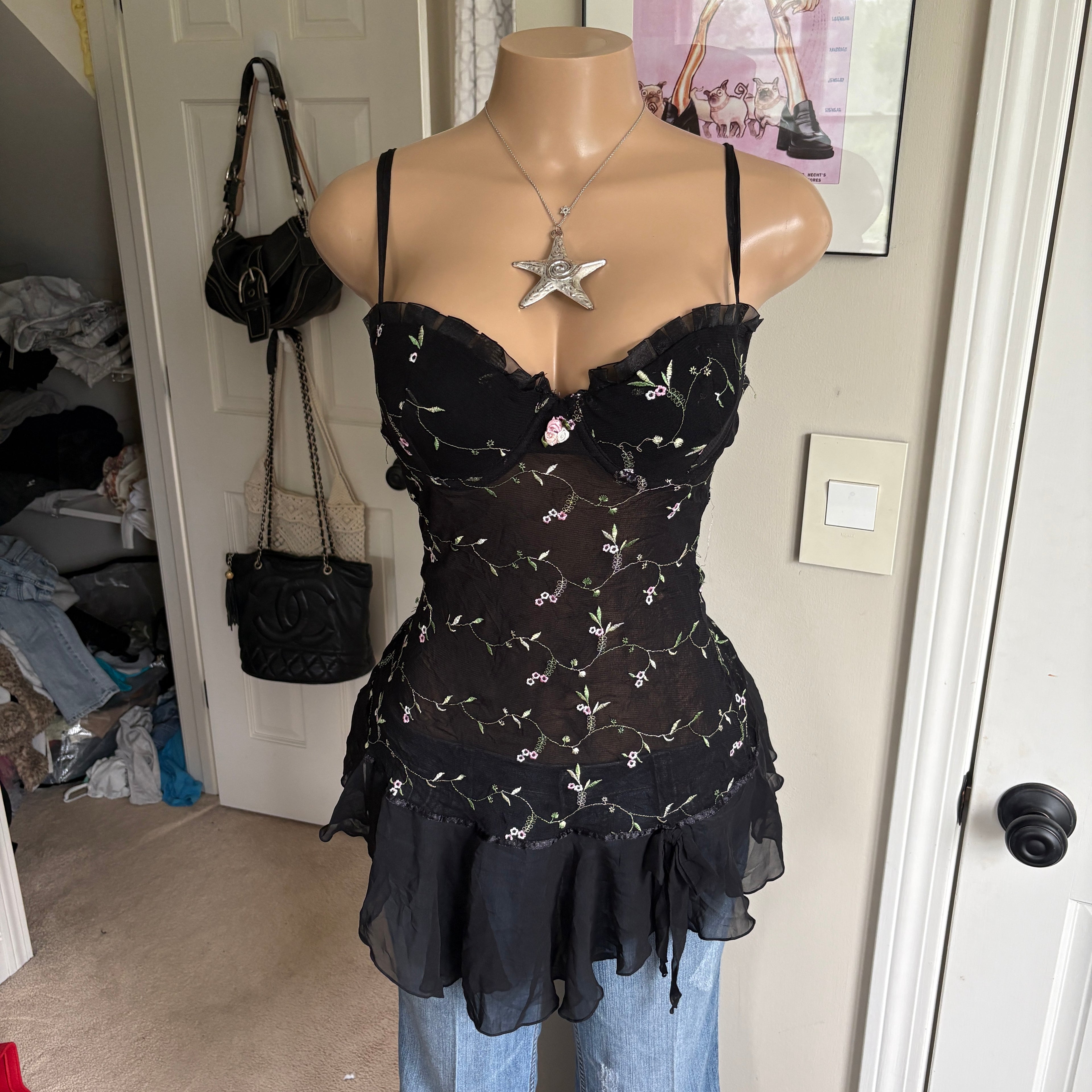 00s black floral rosette slip cami (size M)