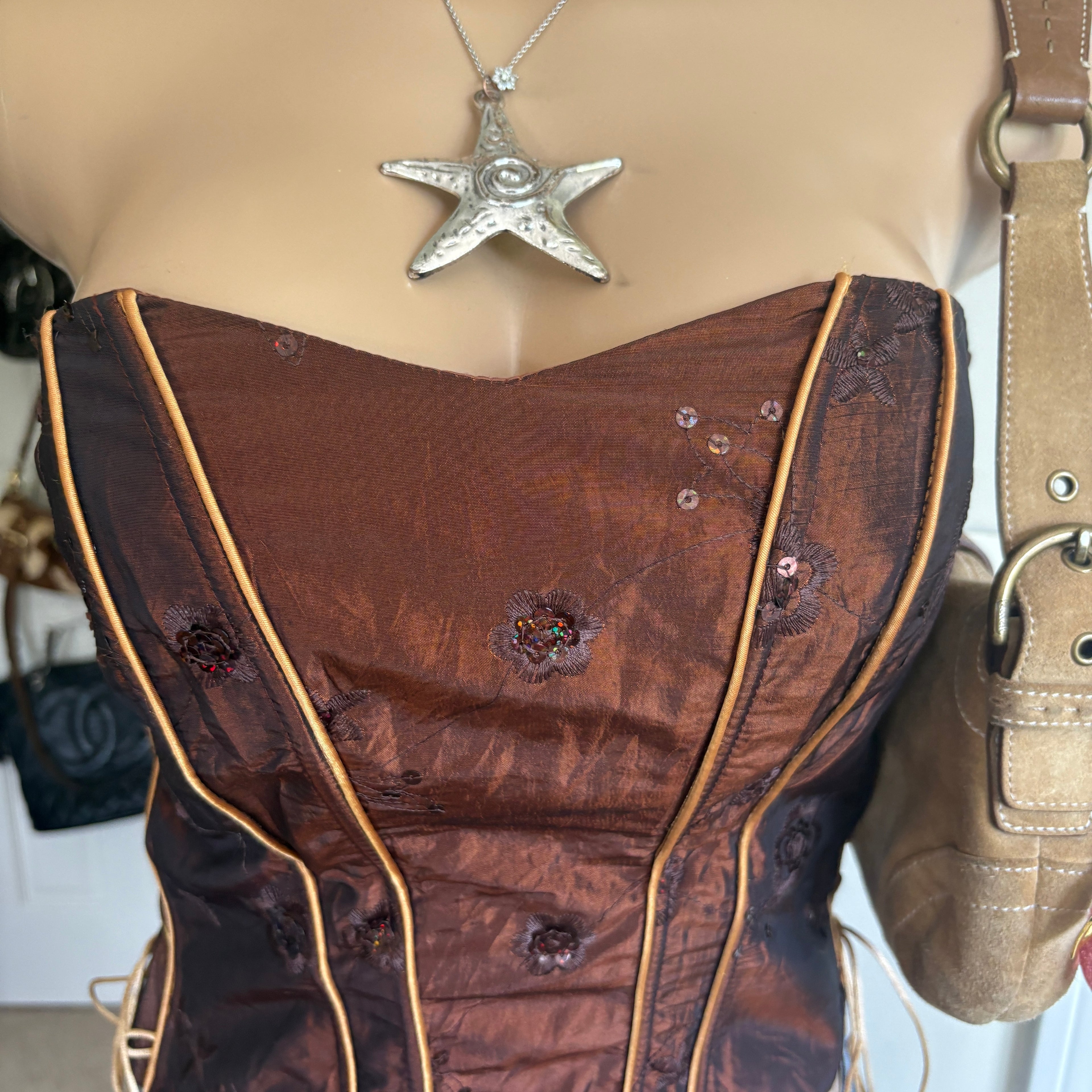00s brown strapless corset top (size L)