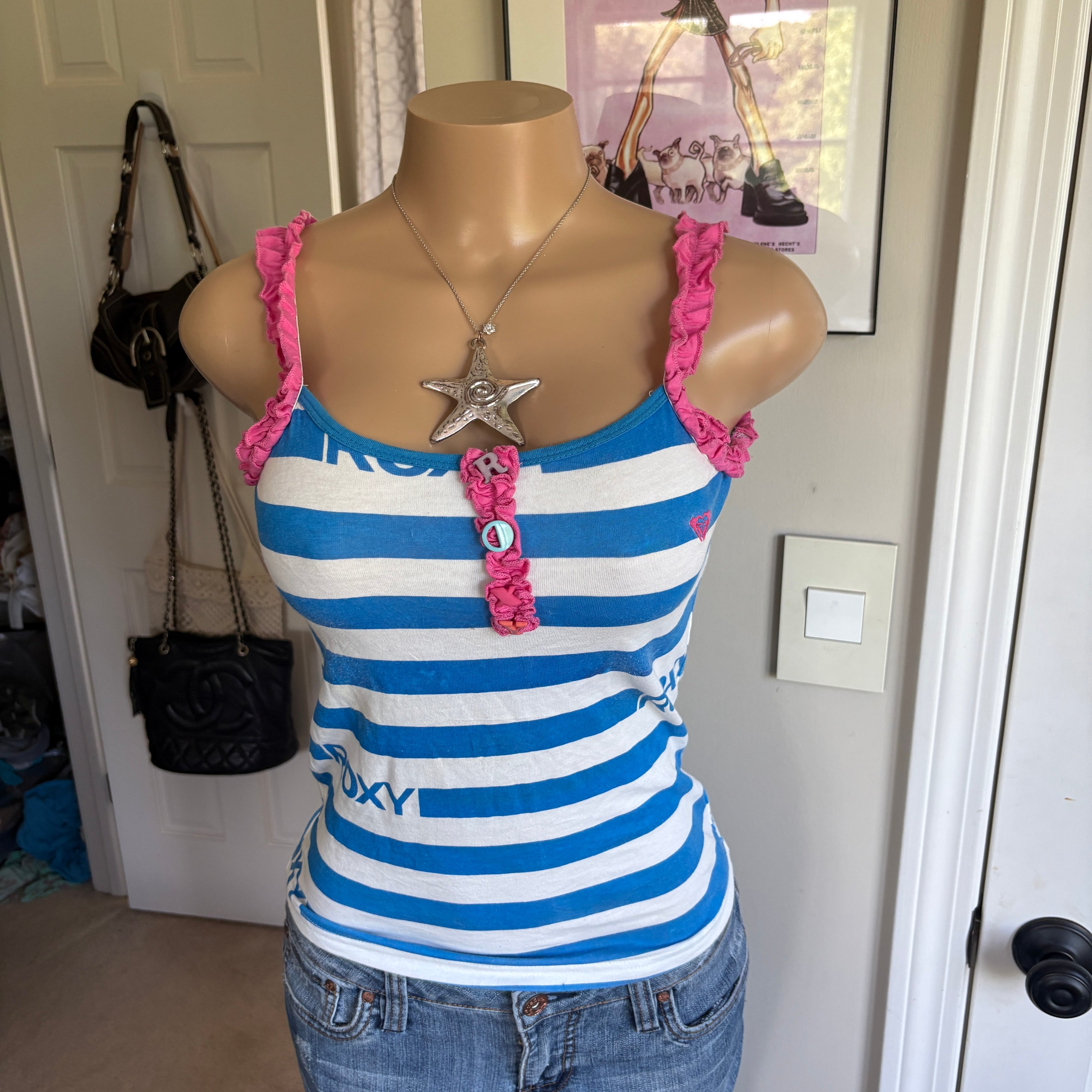 00s Roxy blue & white striped tank top (size XS)
