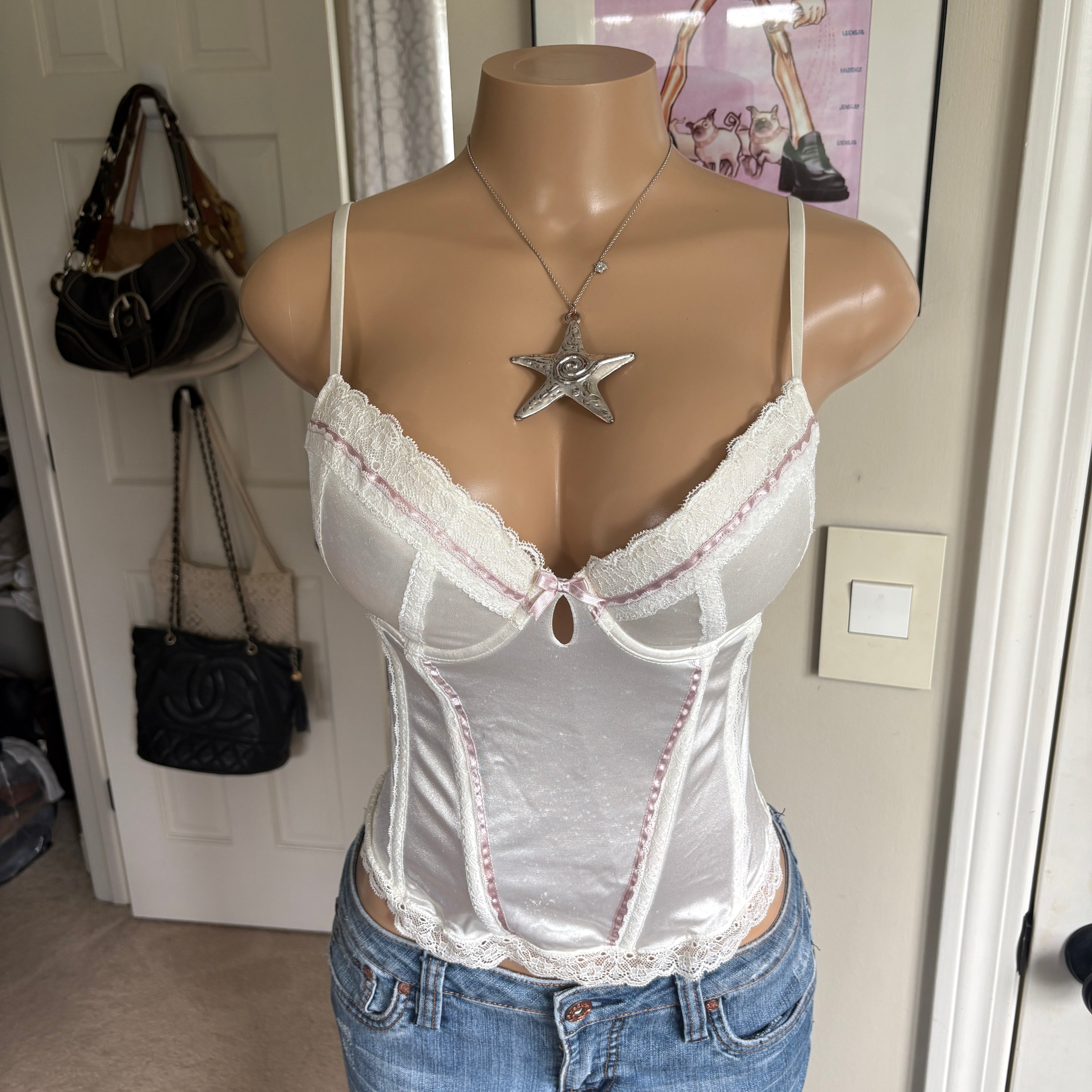 00s bow white & pink bow bustier corset top (size L)
