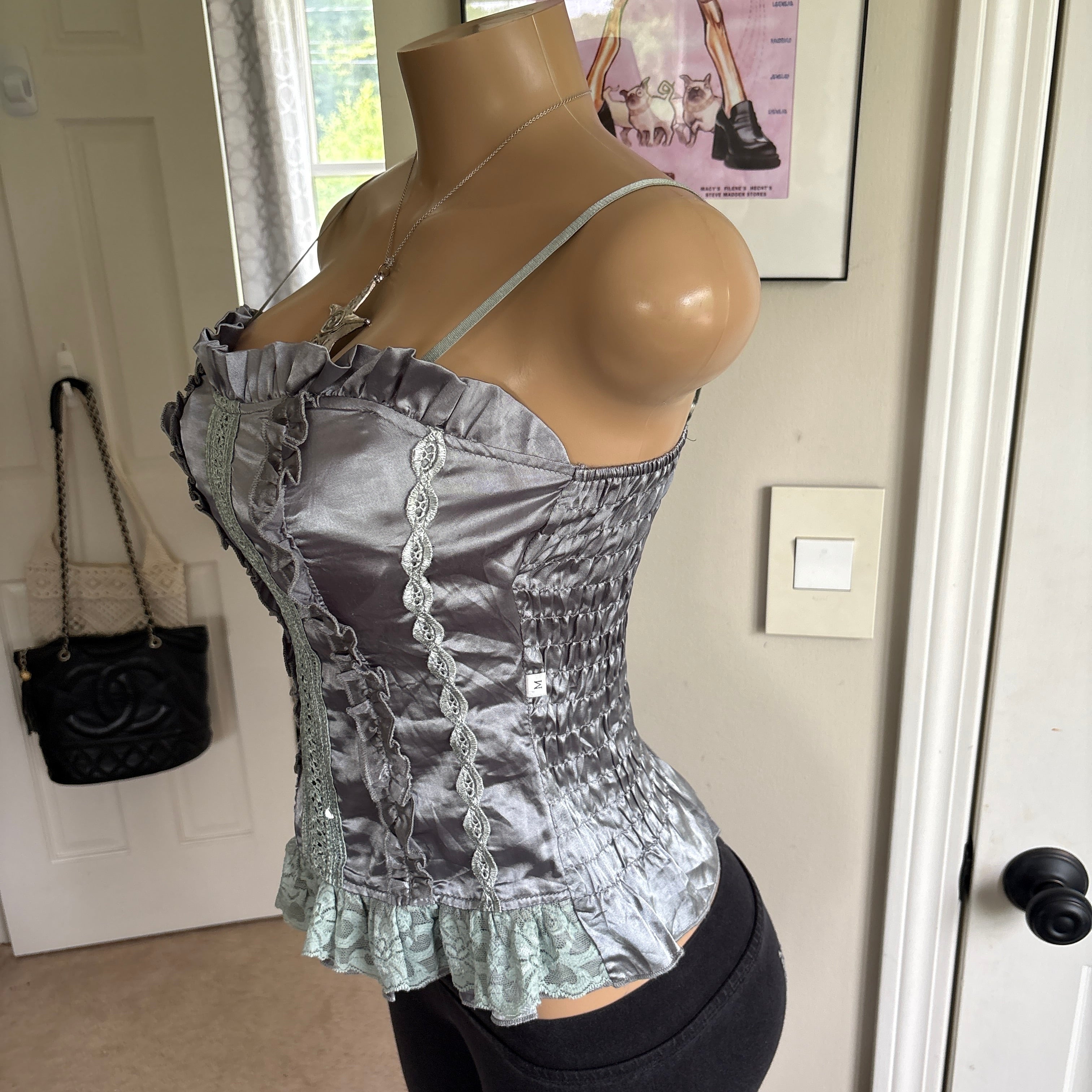 00s gray chrome ruffle cami (size S/M)