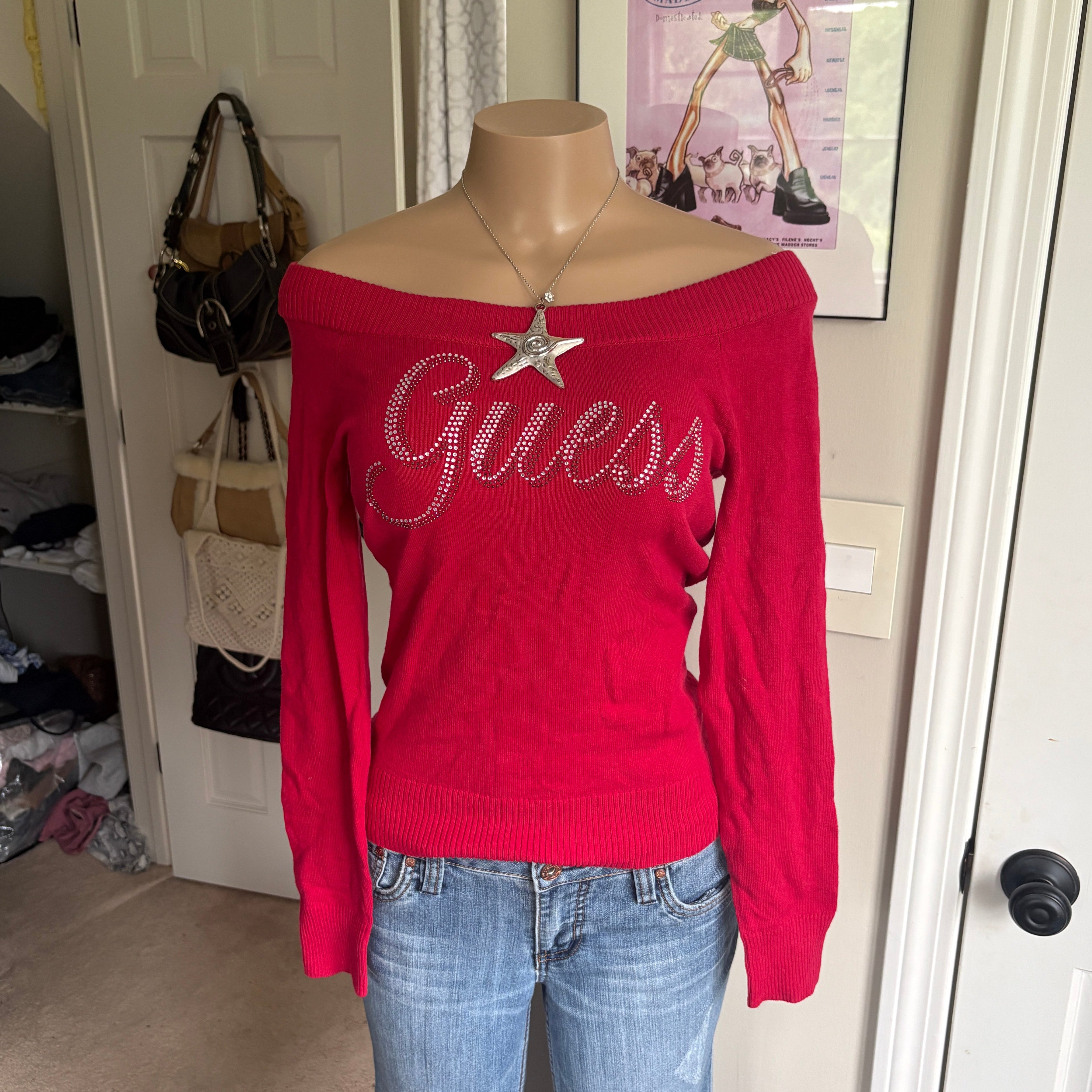 00s Guess red rhinestone spellout sweater (size M)