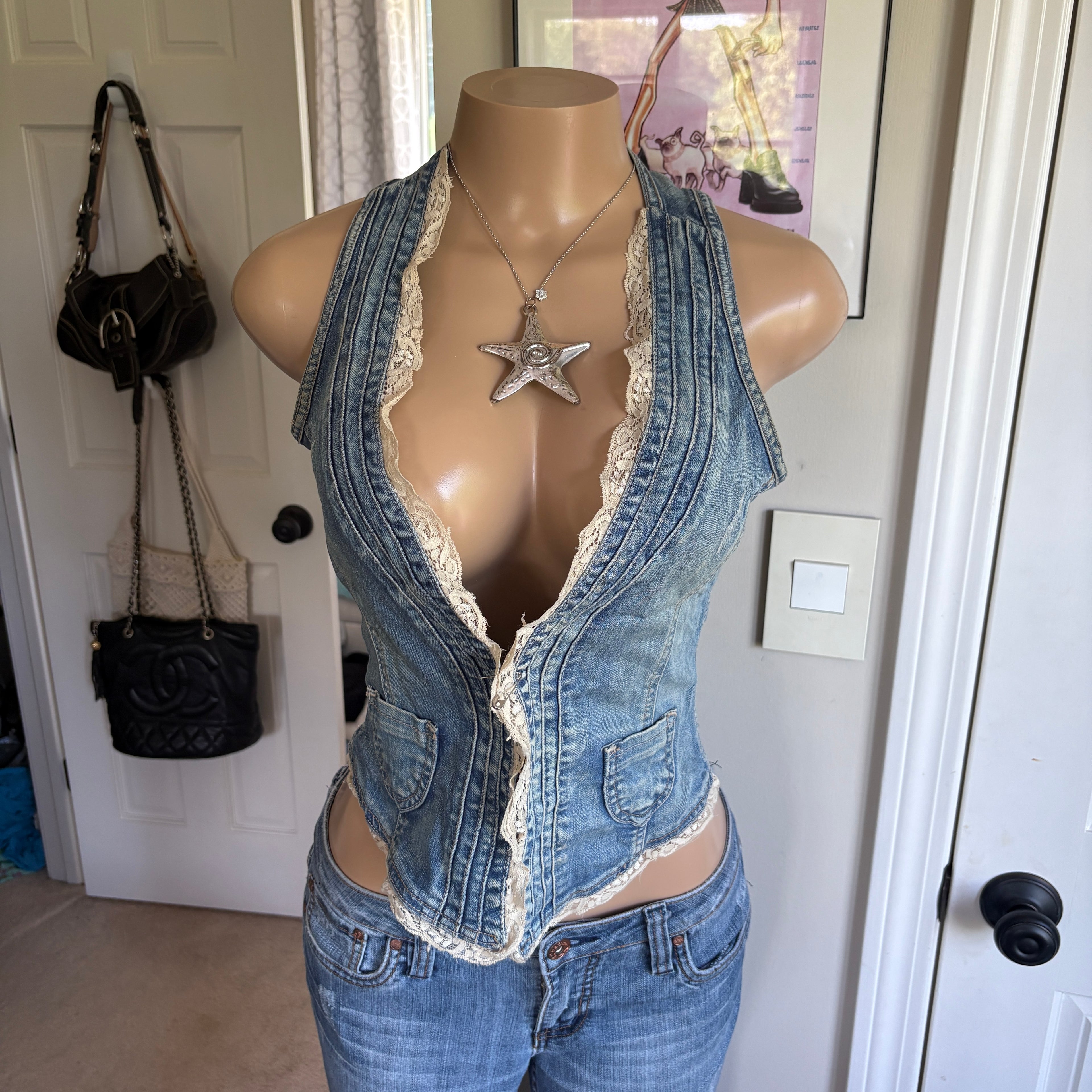 00s blue denim & lace vest (size M)