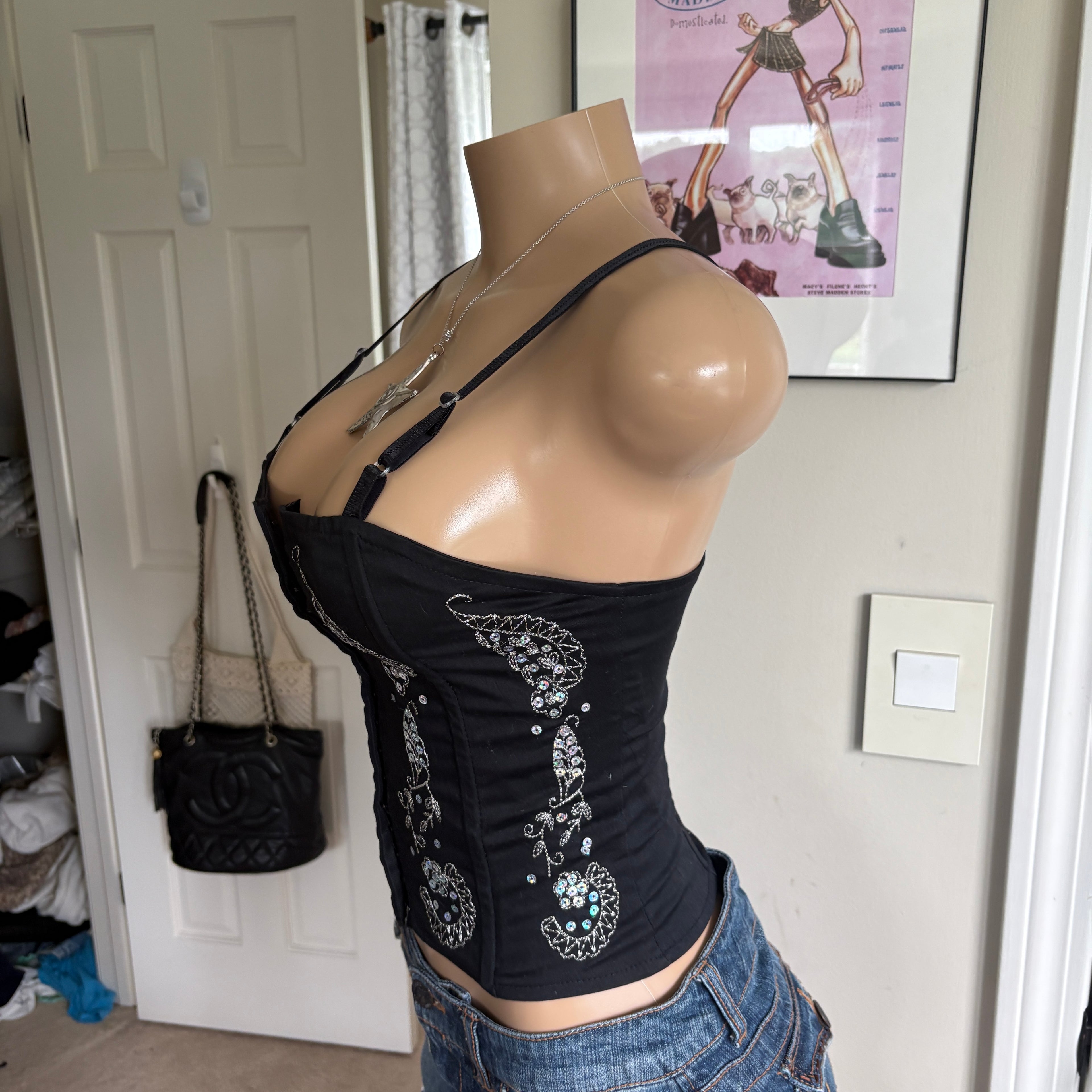 00s black paisley sequin corset tank top (size S)