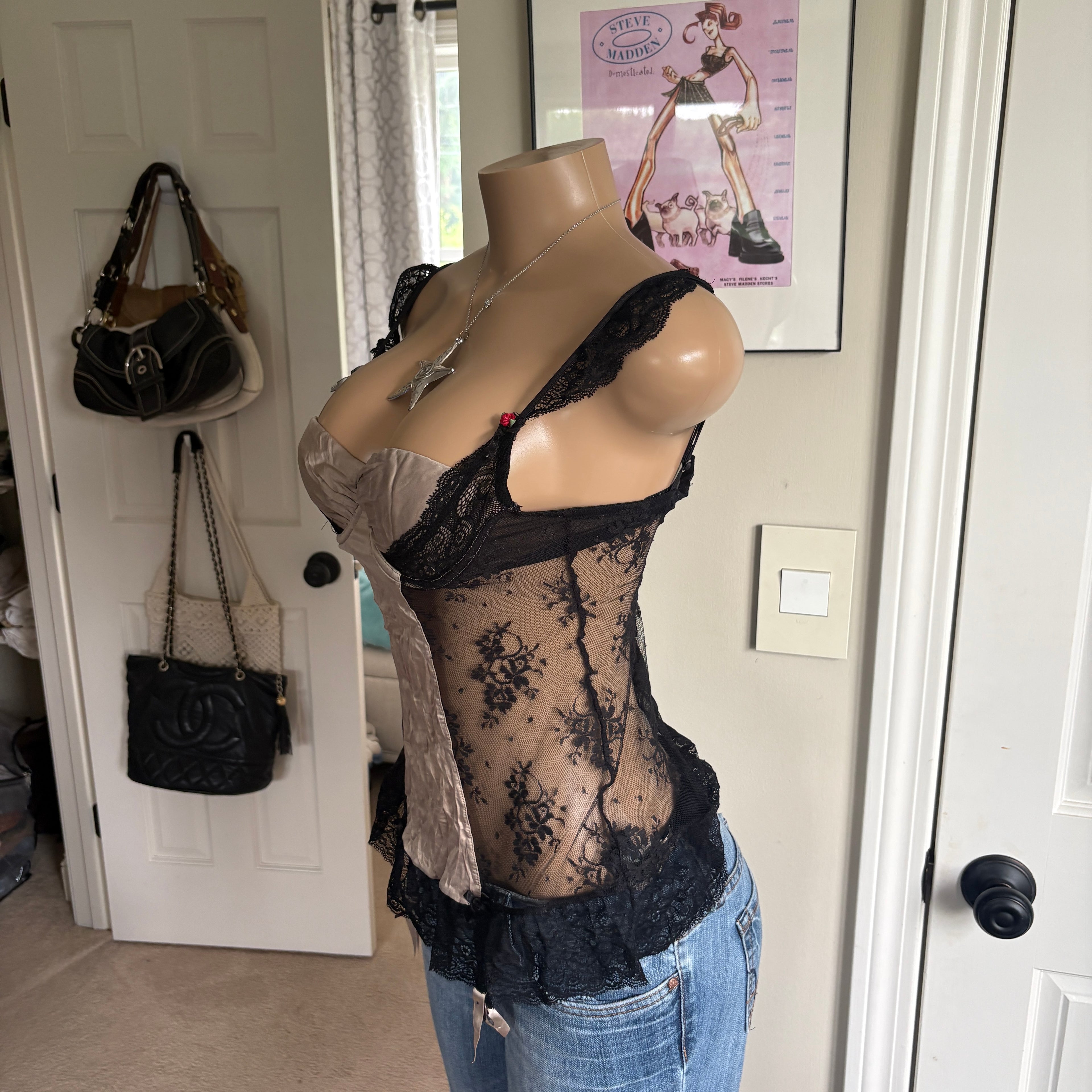 00s tan & black floral corset bustier top (size (Copy) (Copy) (Copy) (Copy 12)
