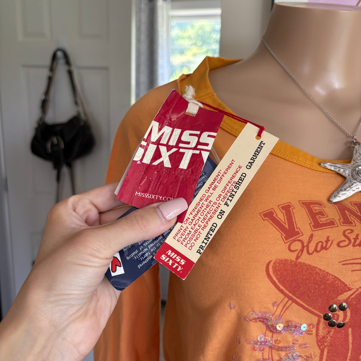 00s Miss Sixty orange graphic long sleeve top (size M)