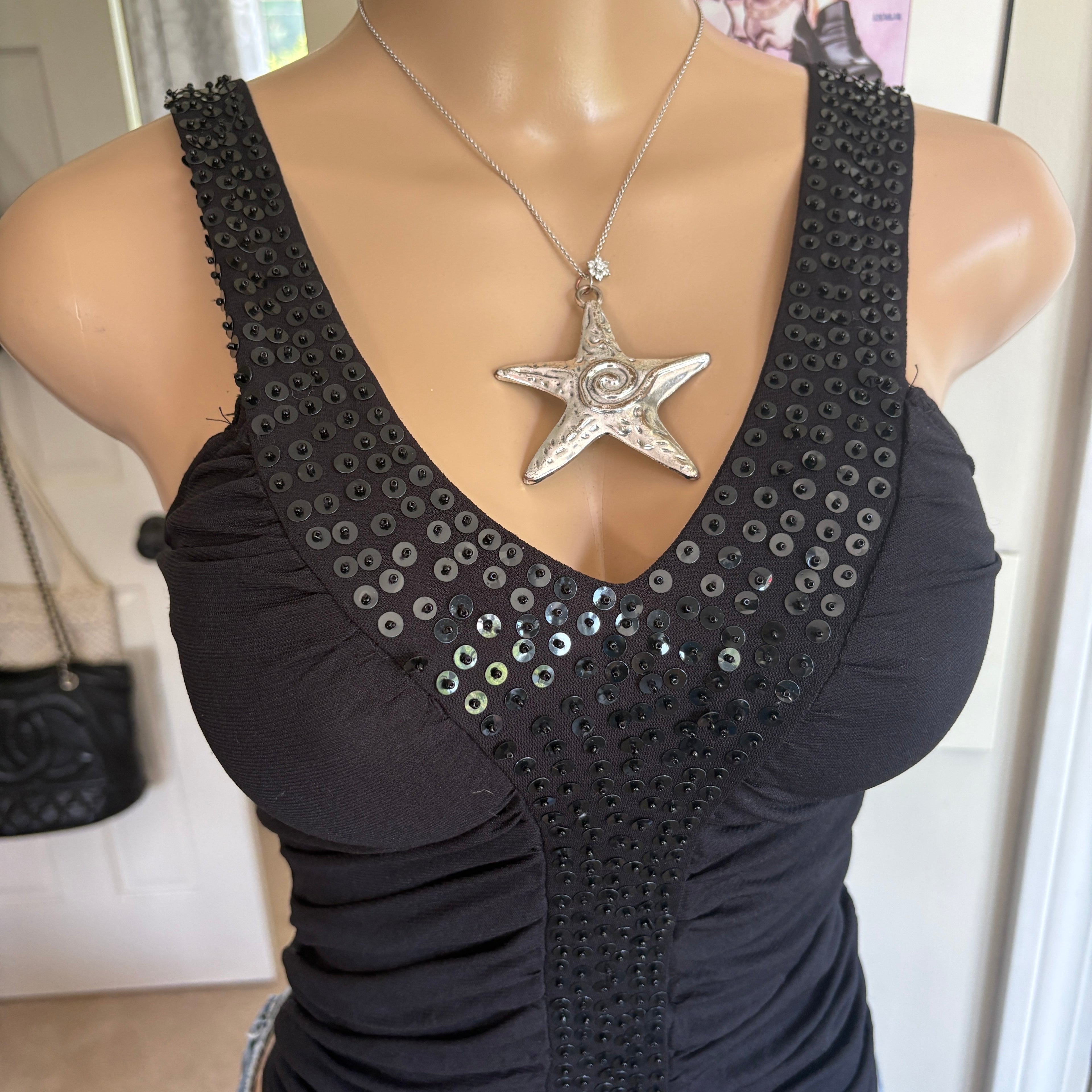 00s black sequin v neck tank top (size S)