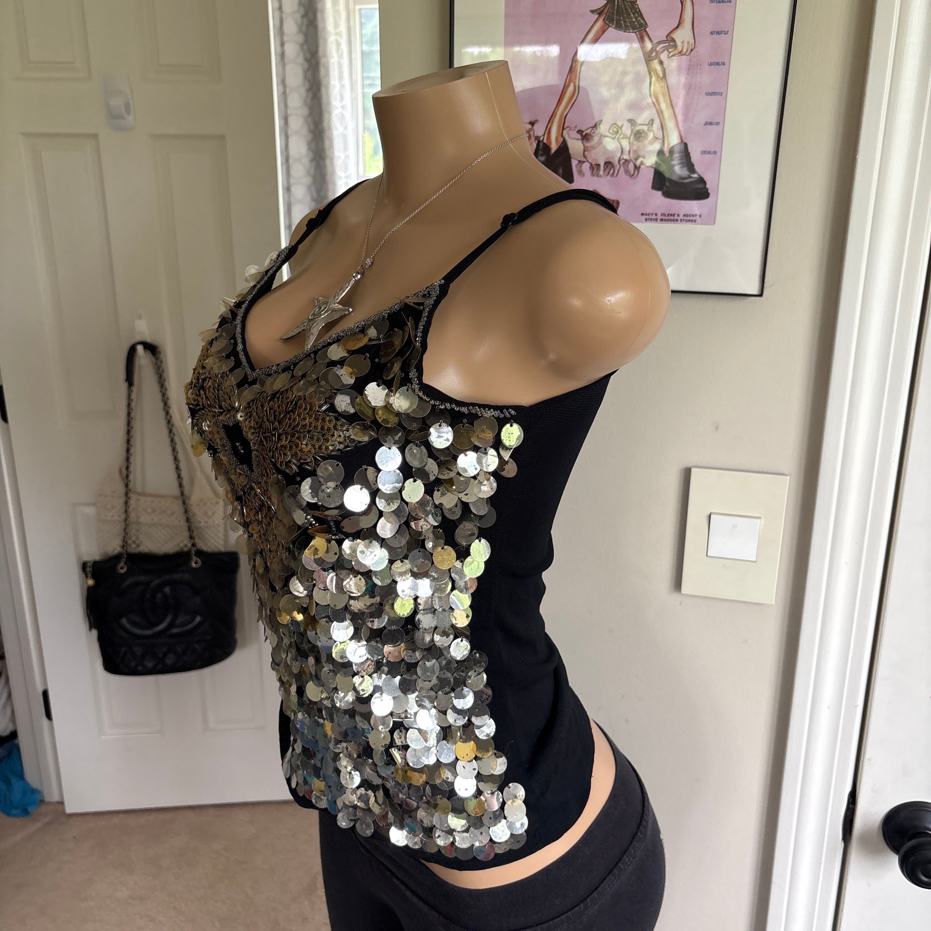 00s unique floral sequin cami tank top (size S)