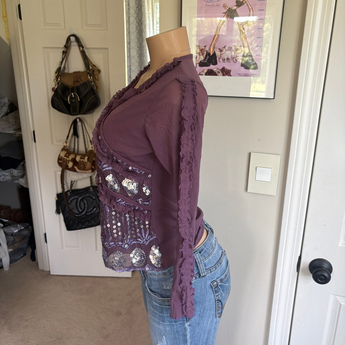 00s purple sequin long sleeve top (size L)