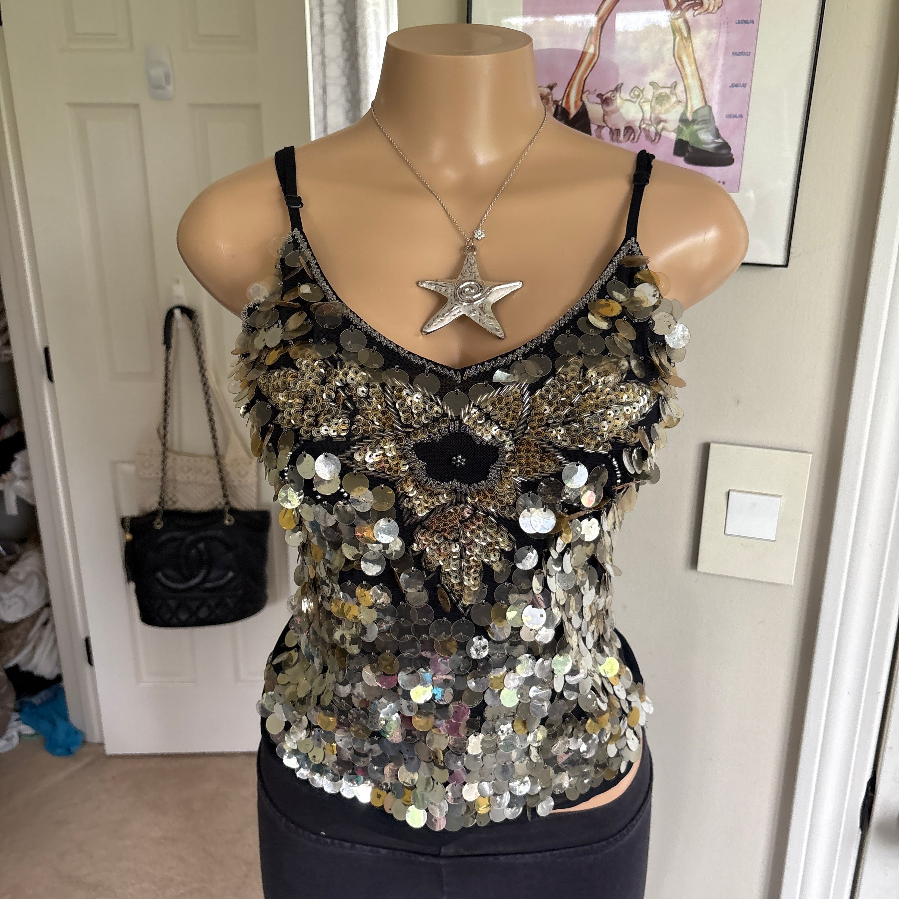 00s unique floral sequin cami tank top (size S)
