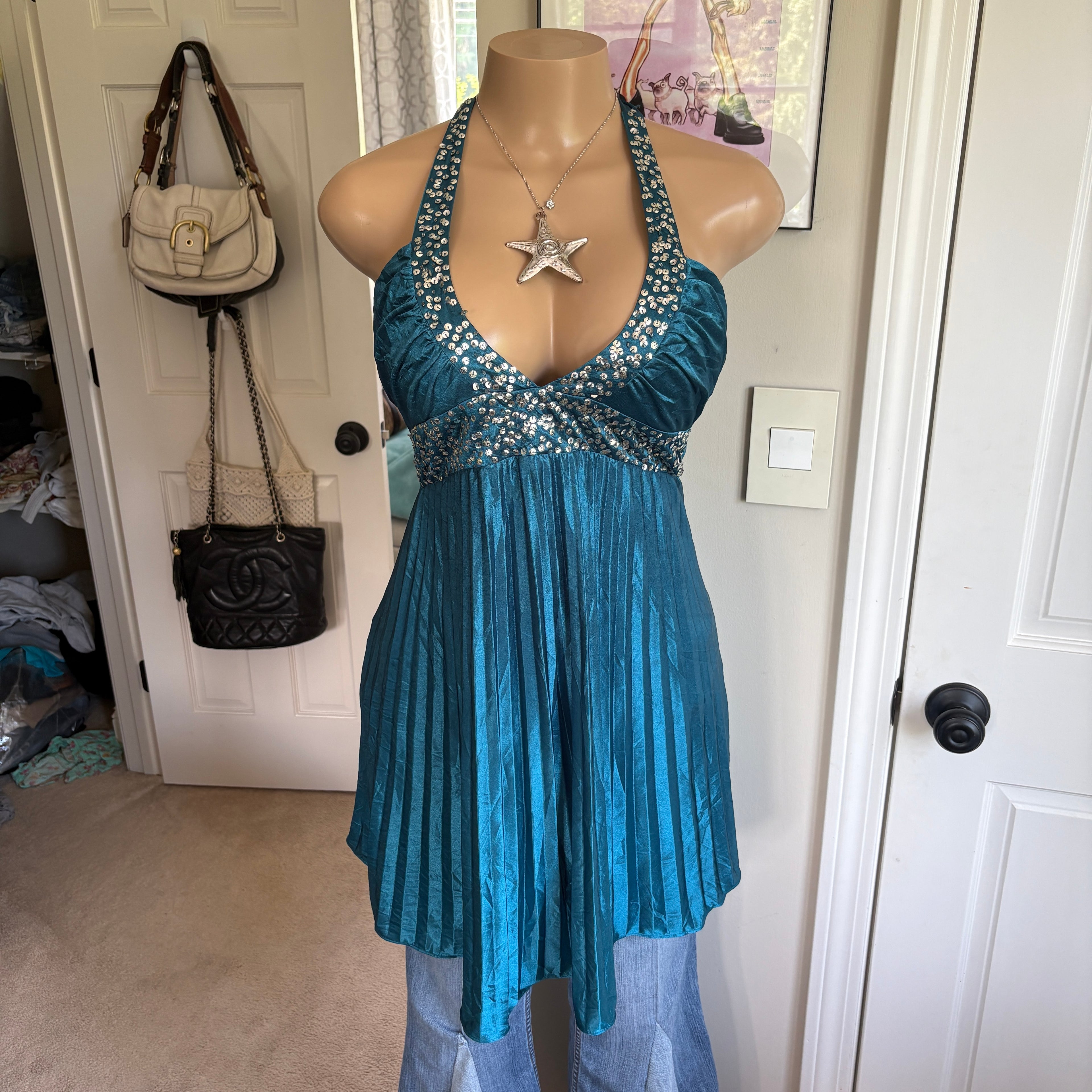 00s blue sequin v neck halter dress (size L)