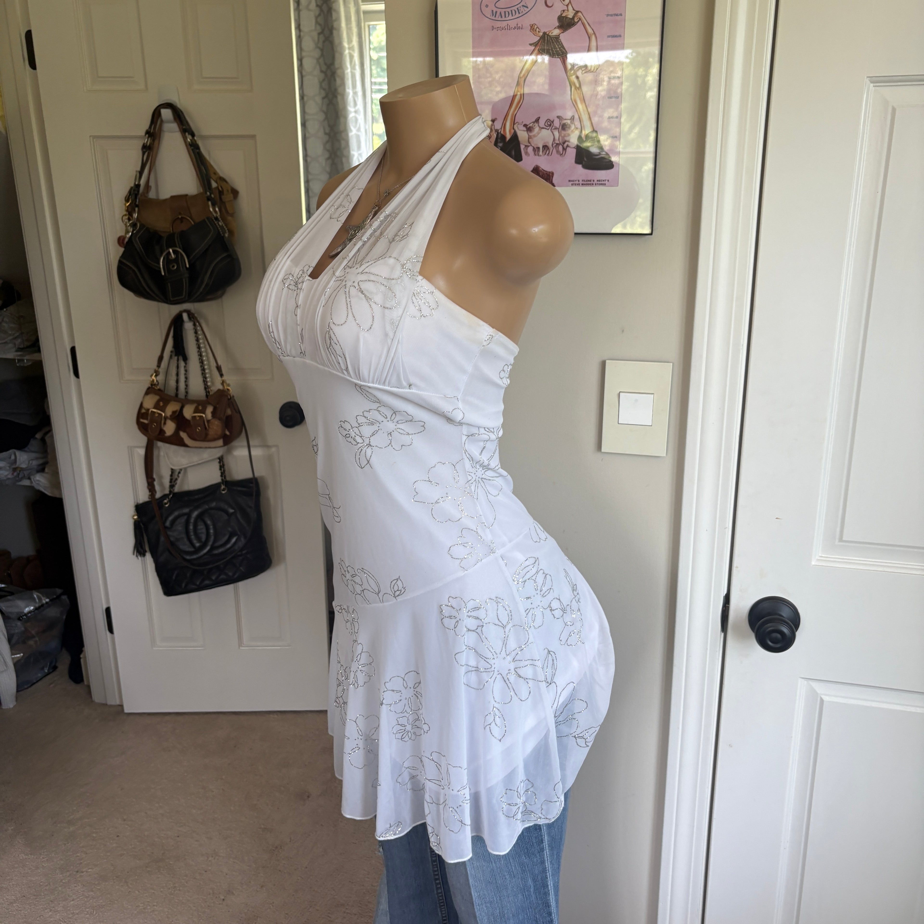 00s white floral halter dress (size S)