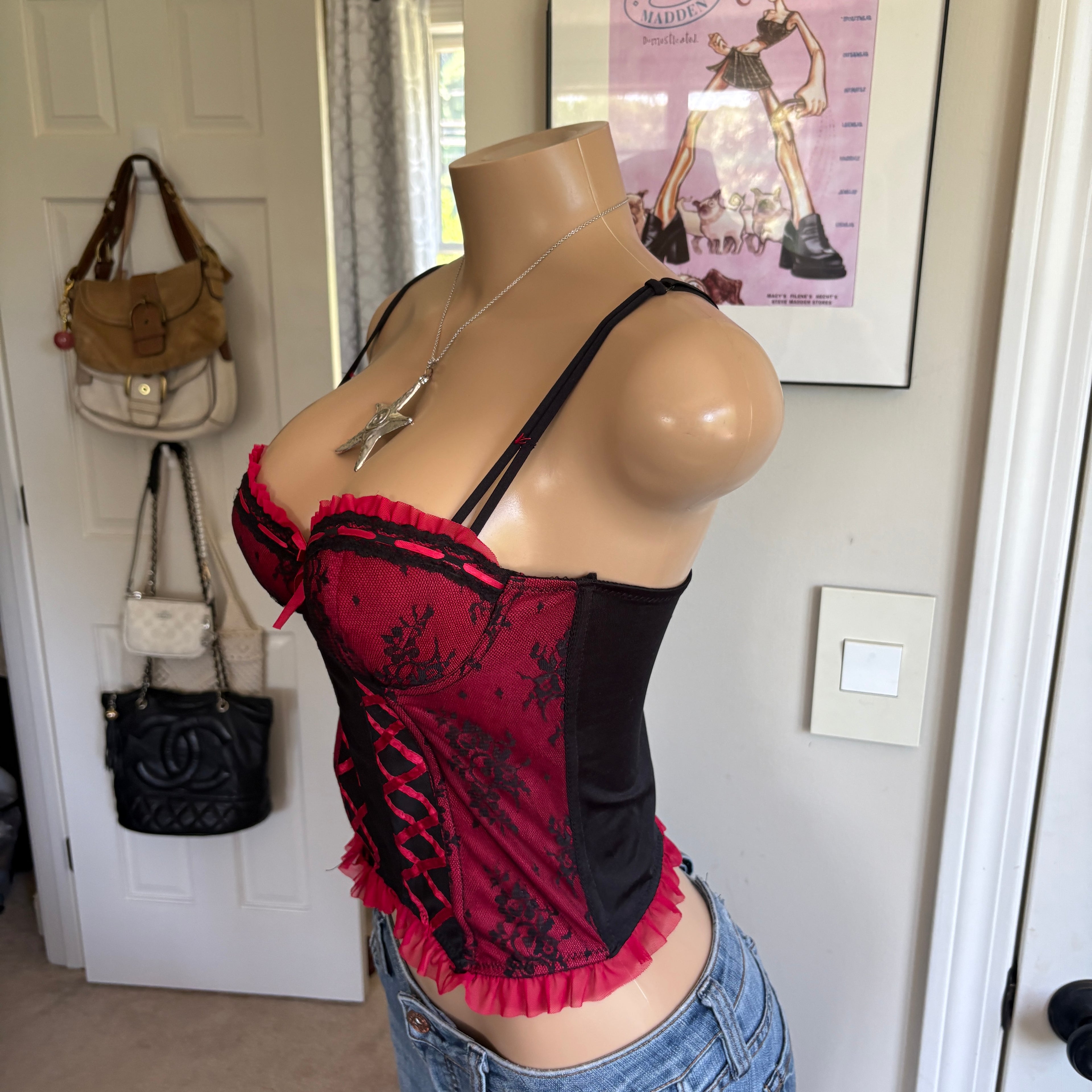 00s red & black lace floral corset top (size 34B)