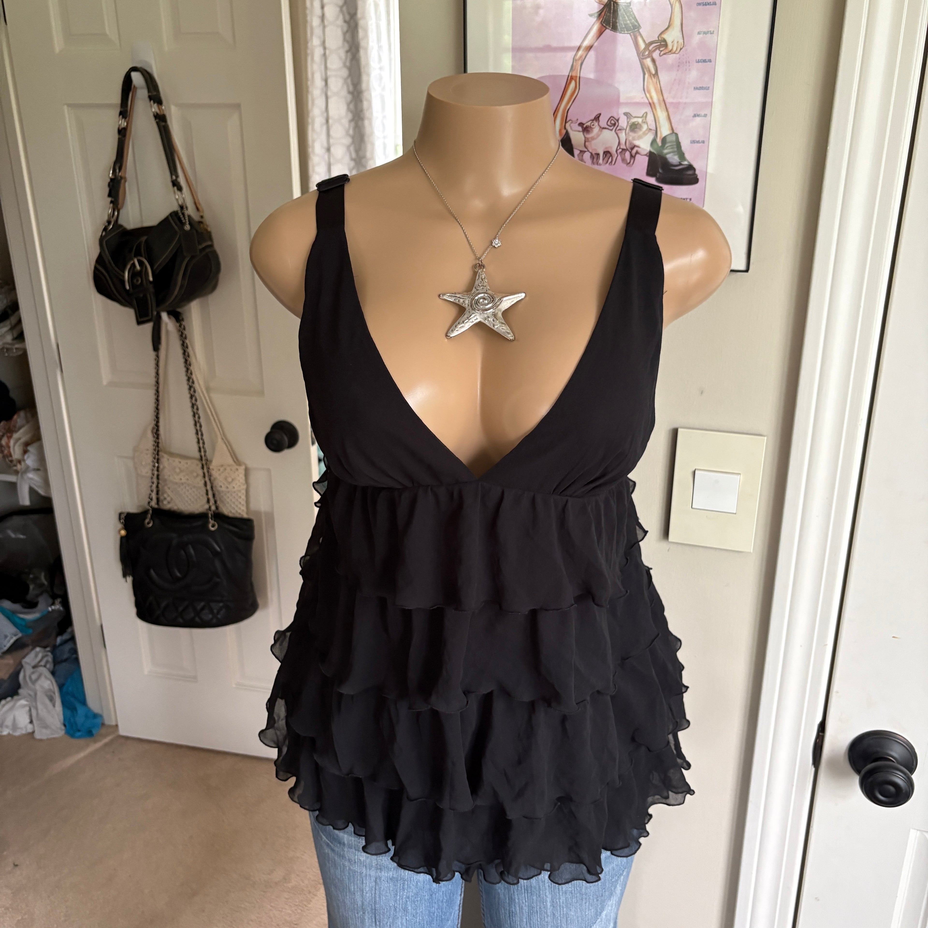 00s Victoria's Secret black ruffle babydoll tank top (size M)