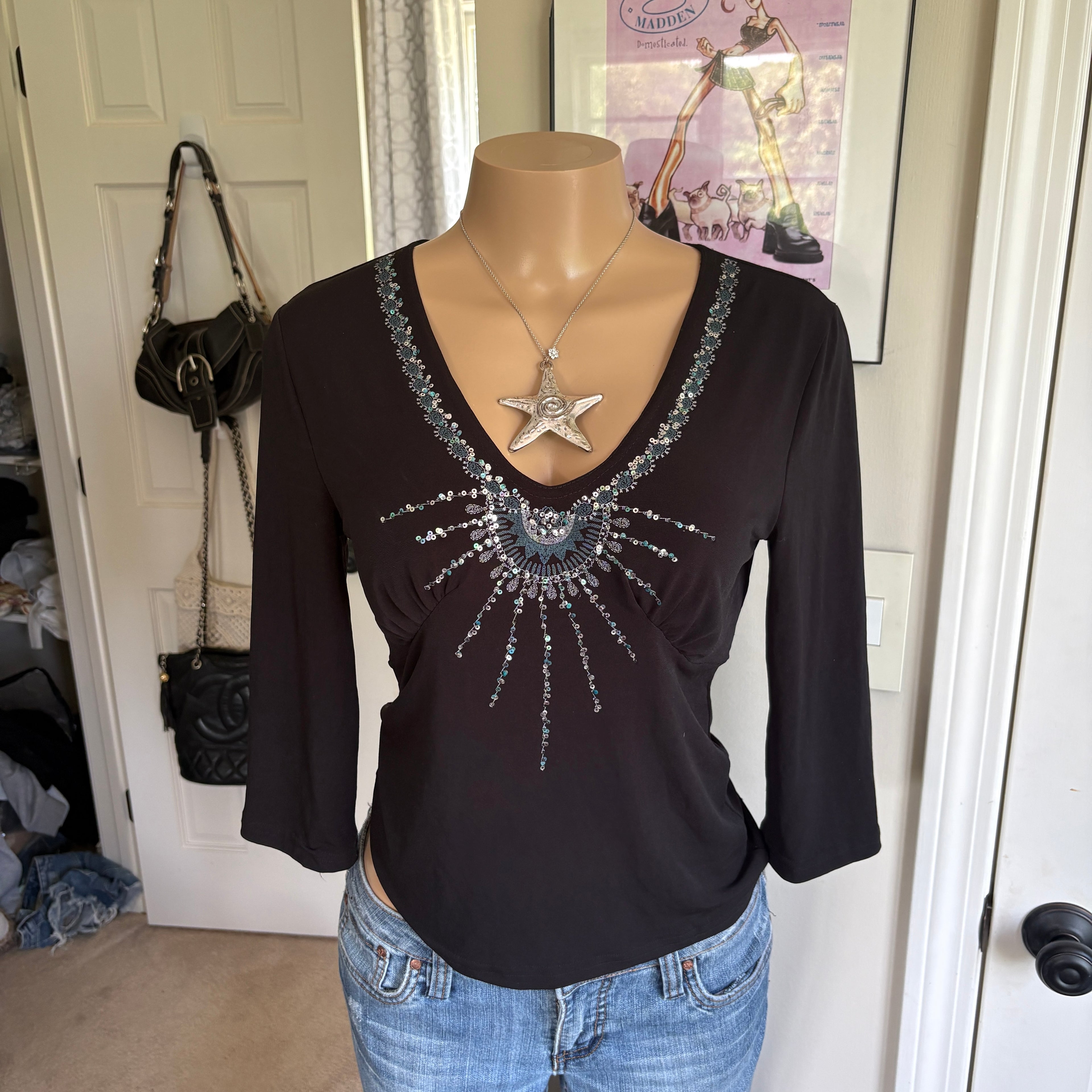 00s black sequin celestial long sleeve (size L)