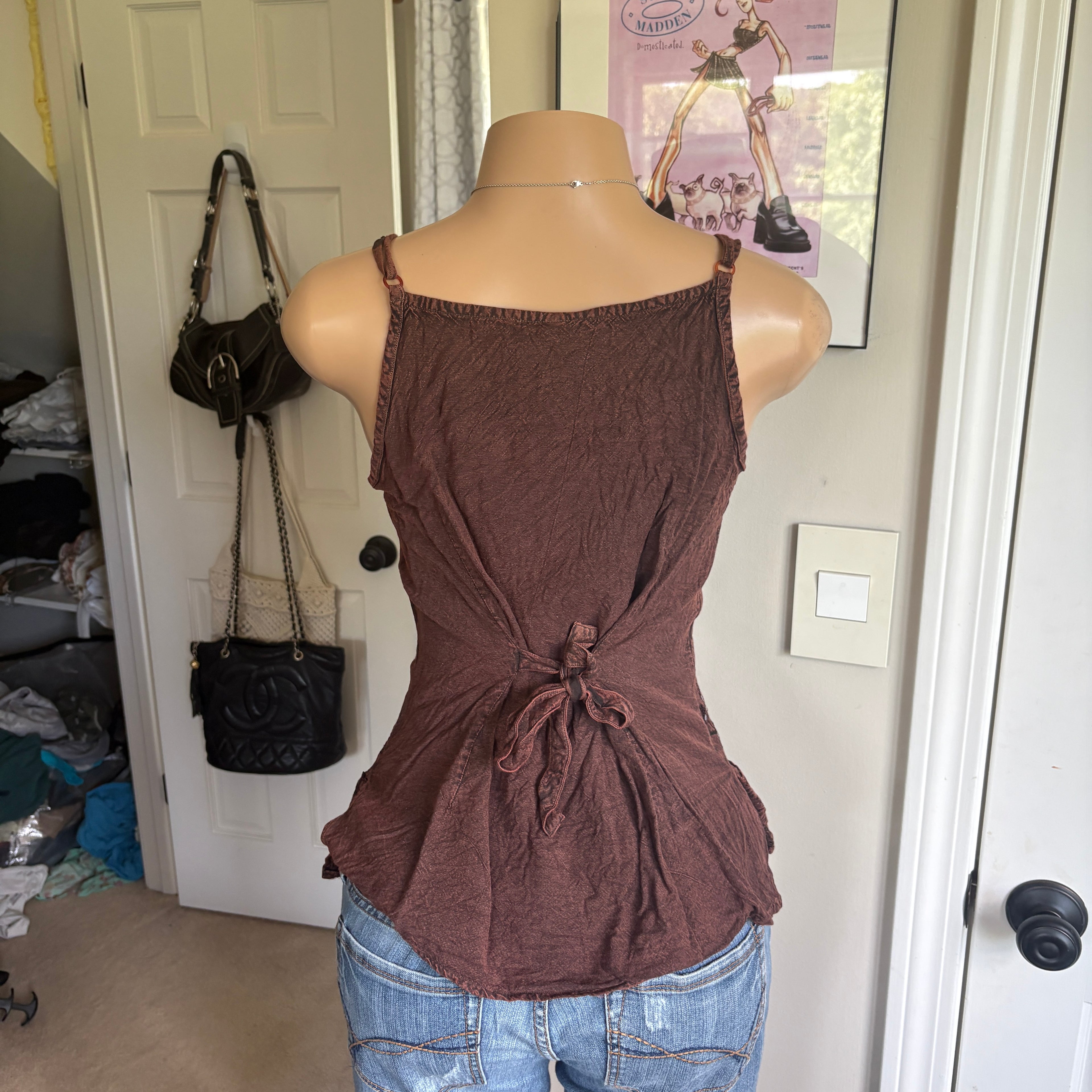 00s brown boho tie back cami tank top (size L)