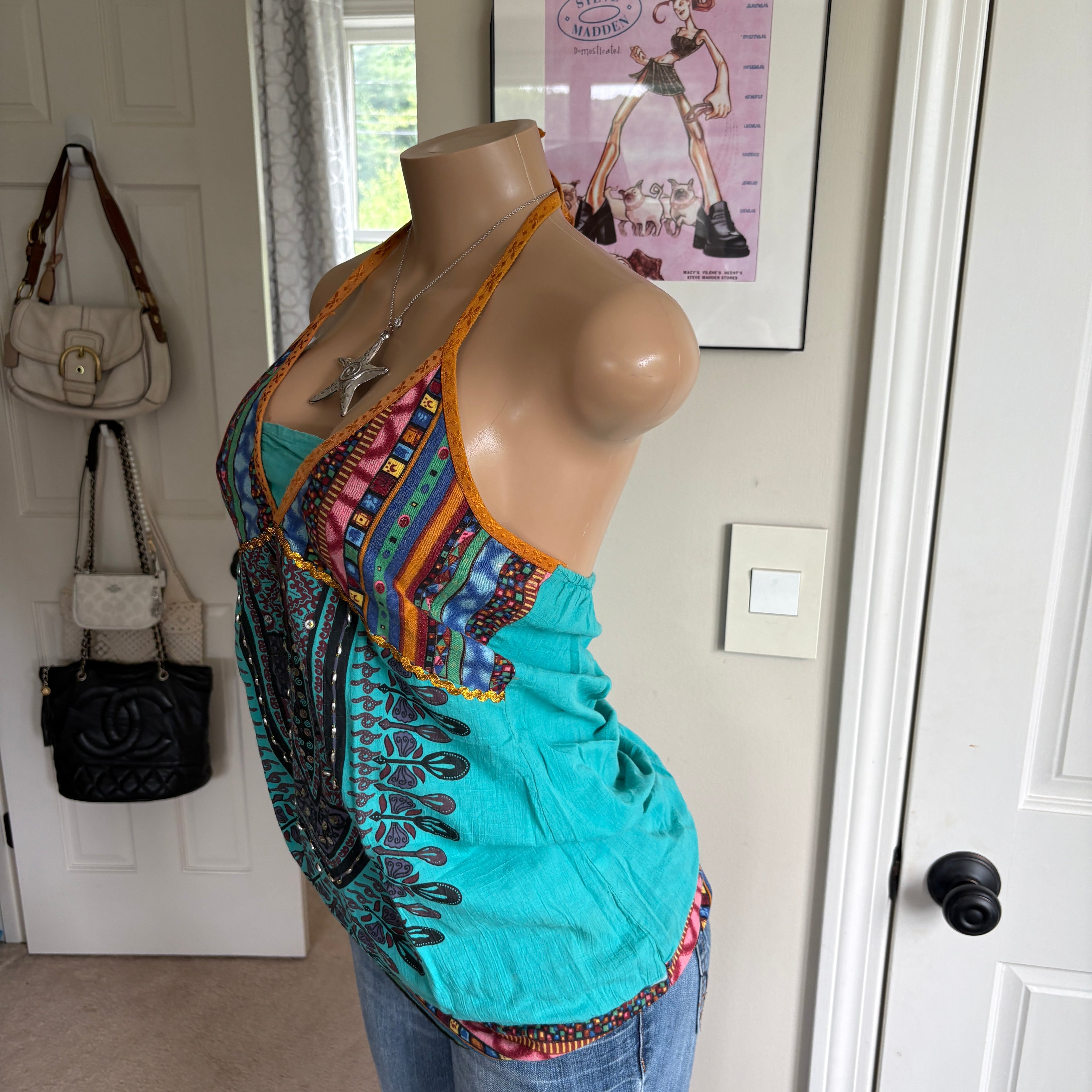 00s turquoise boho beaded halter top (size S)
