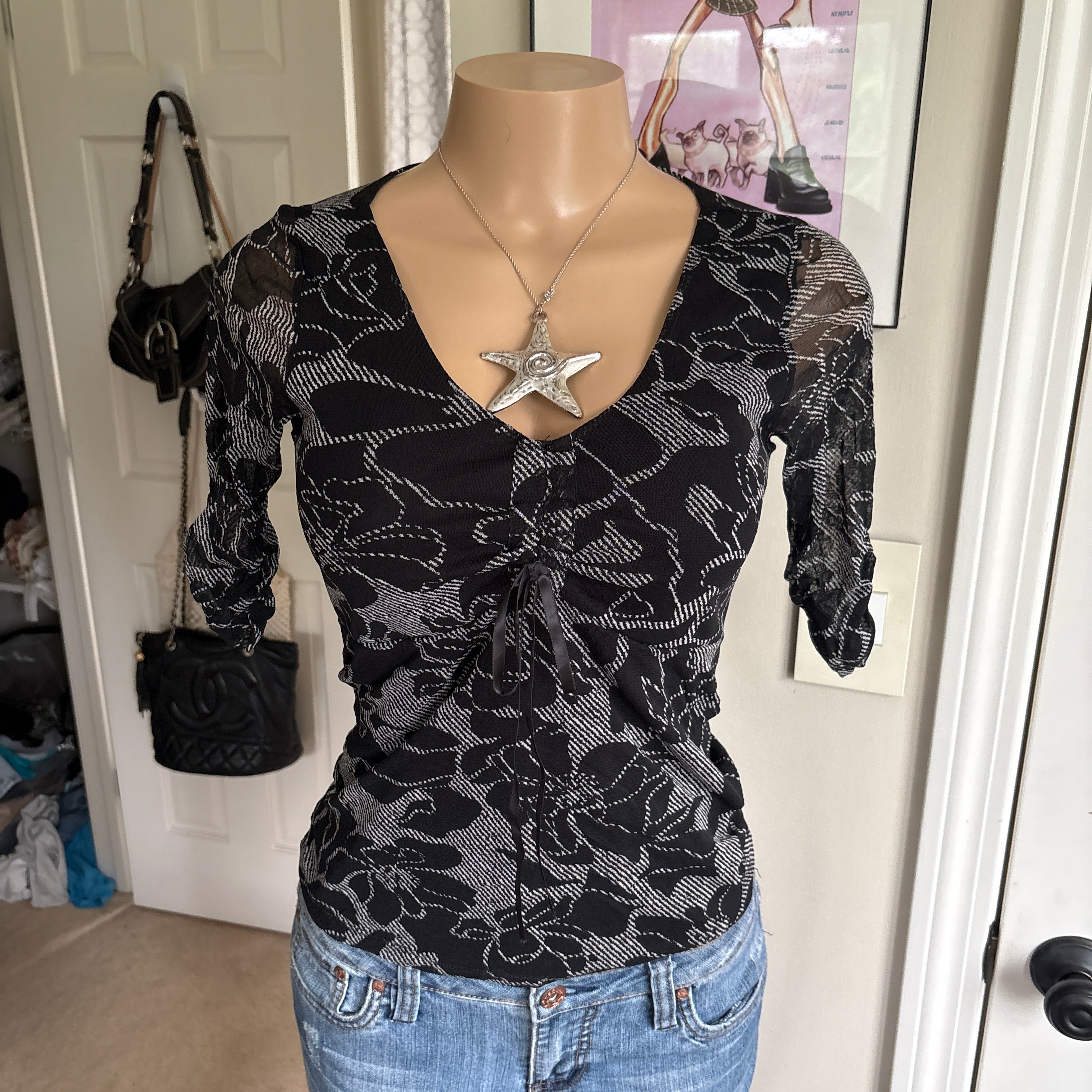 00s black floral top (size S)