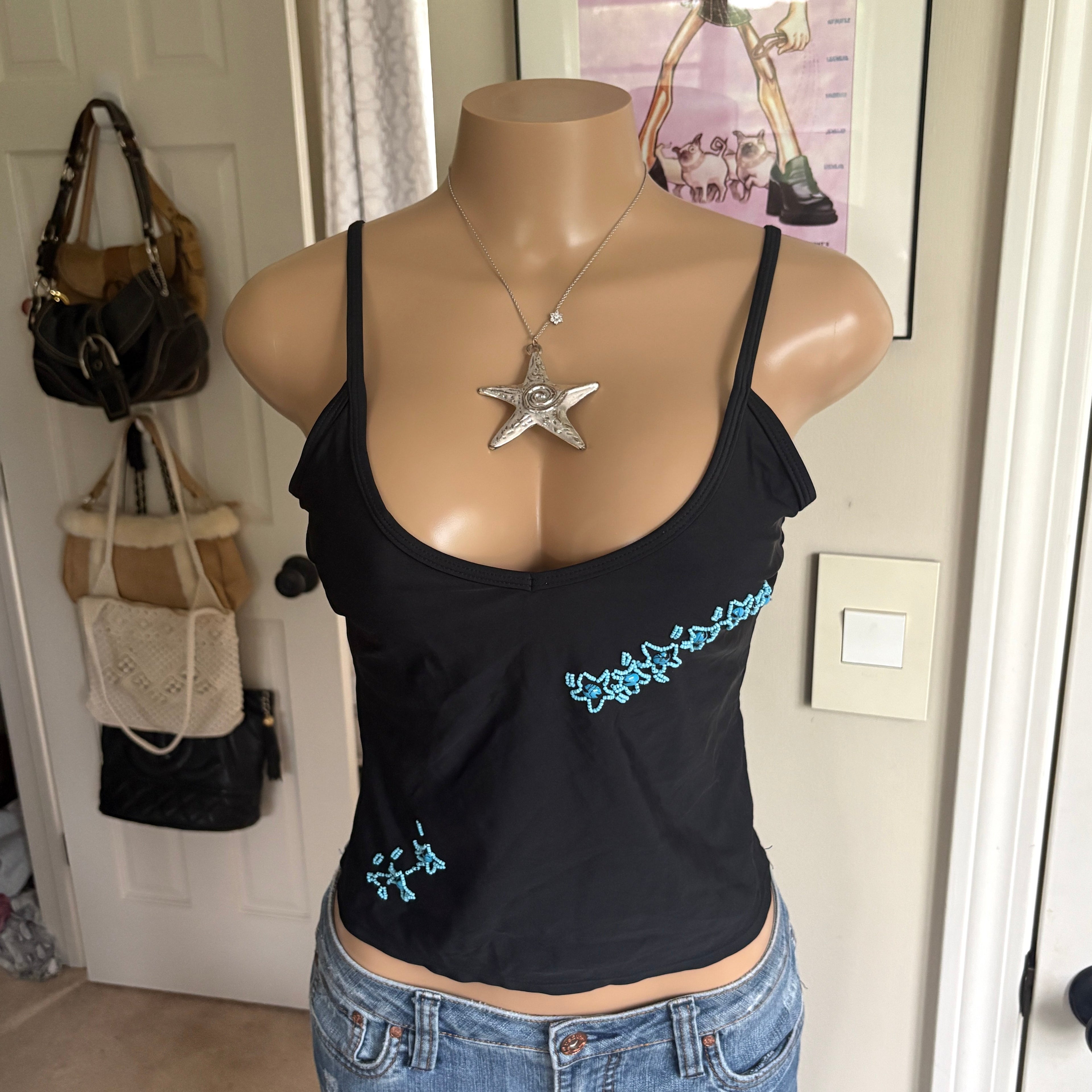 00s black & blue floral beaded tank (size L)