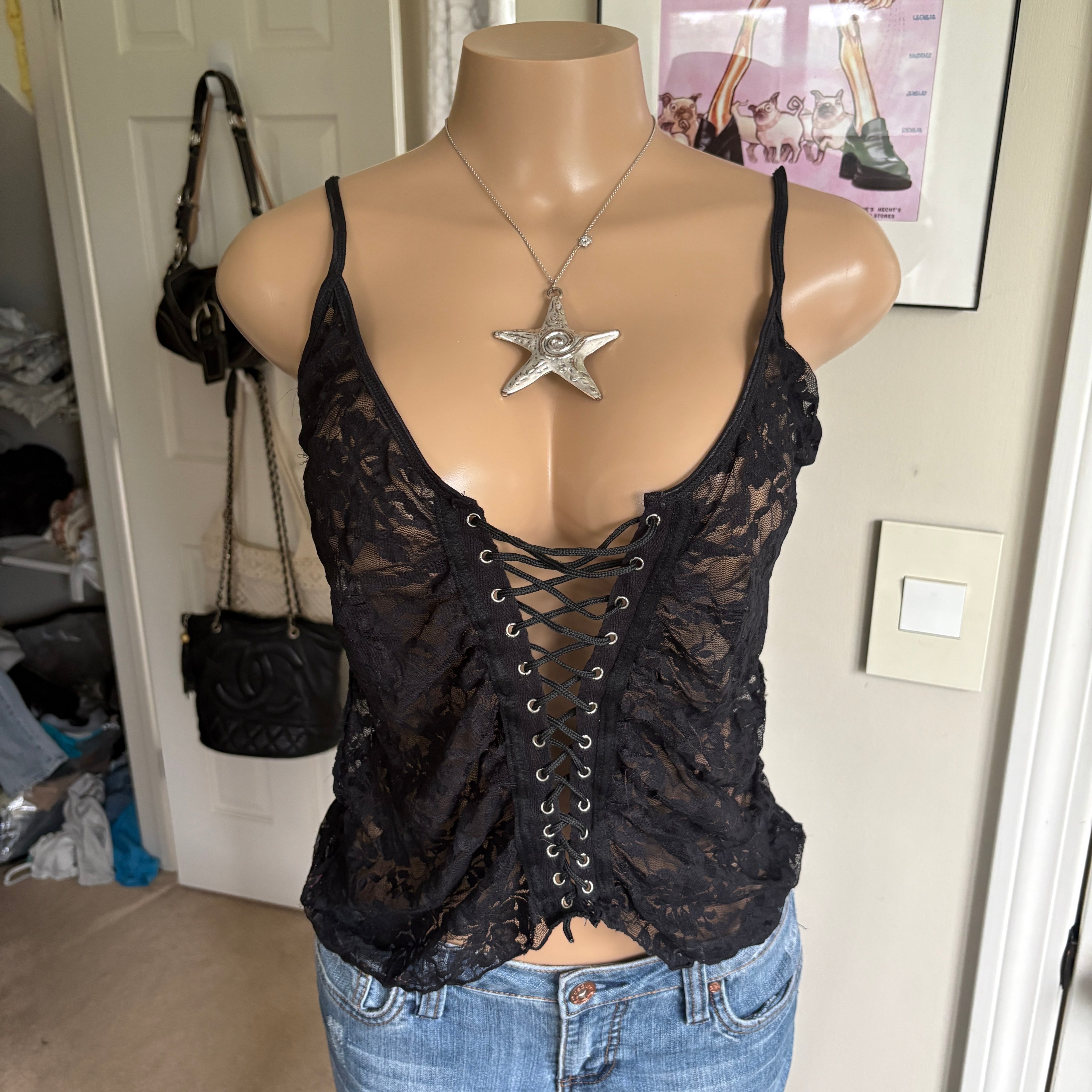 00s black lace up cami (size L)