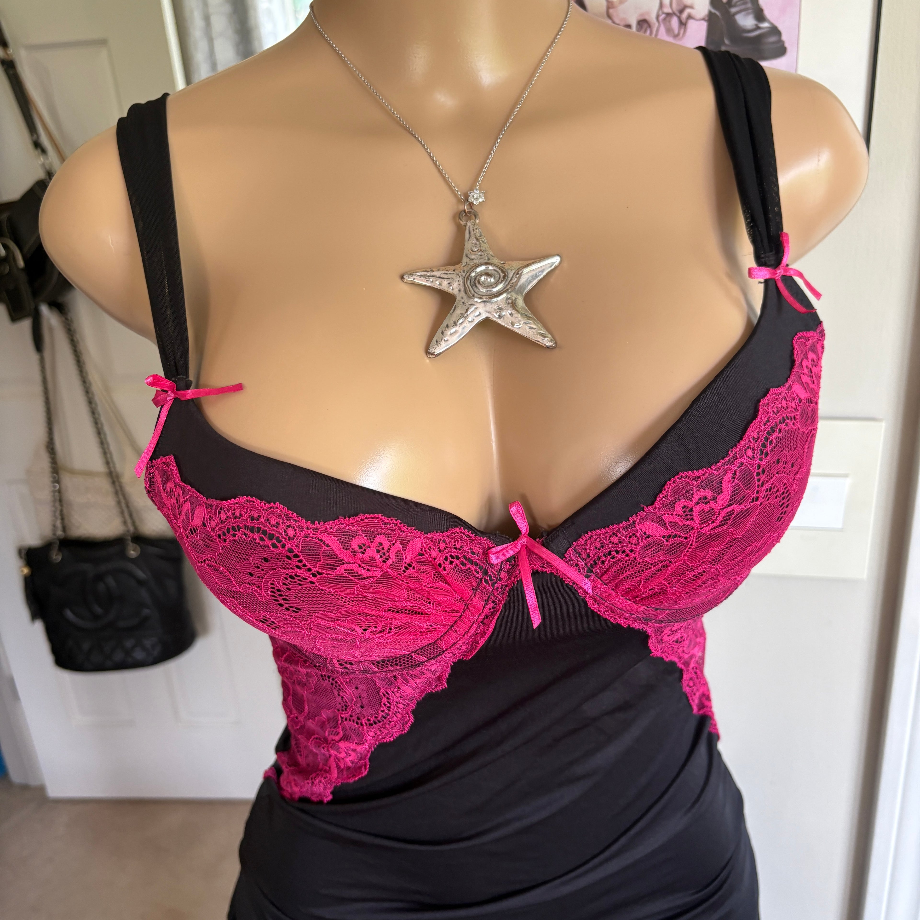 00s black & pink corset bustier top (size S)