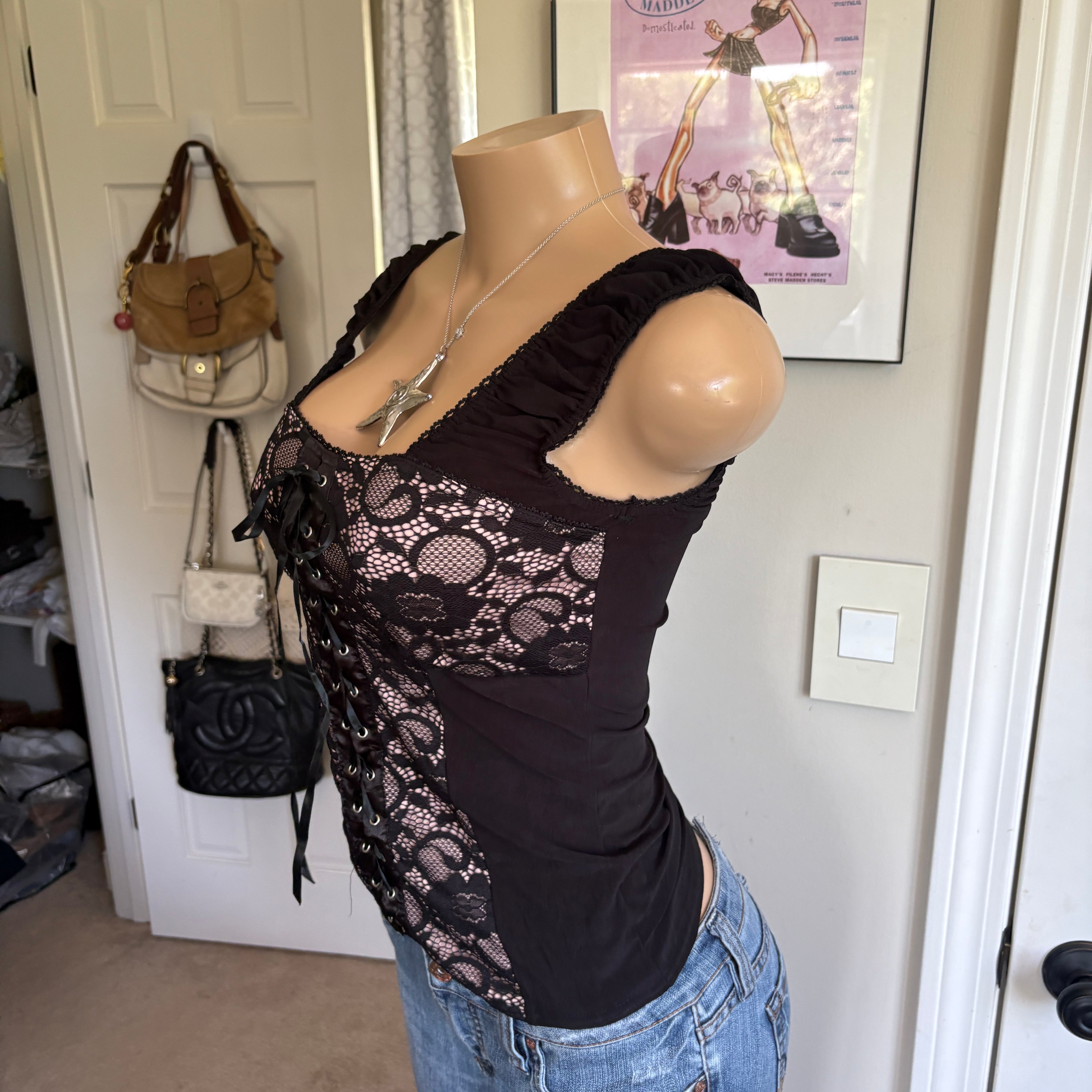00s black floral lace up tank top (size XS)