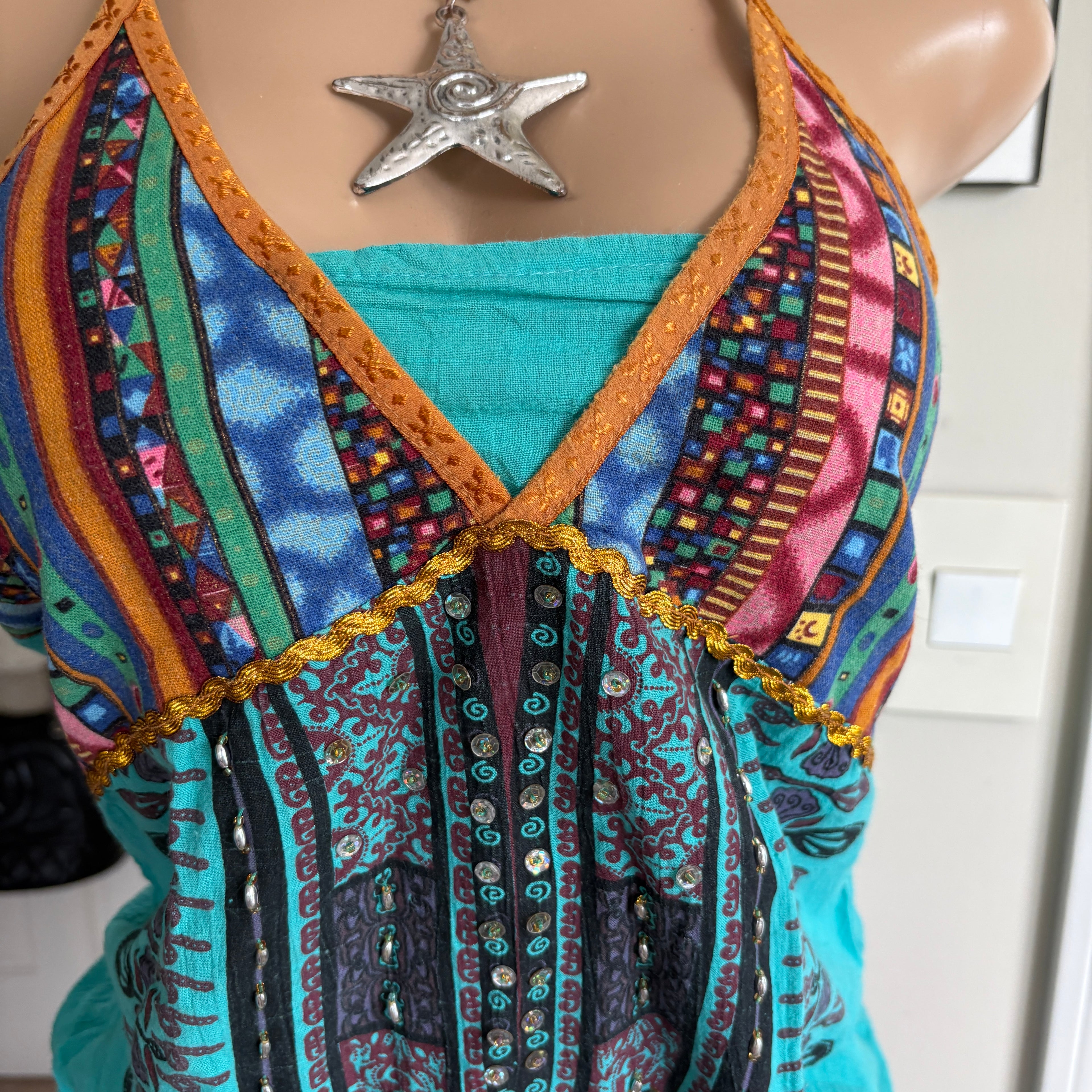 00s turquoise boho beaded halter top (size S)
