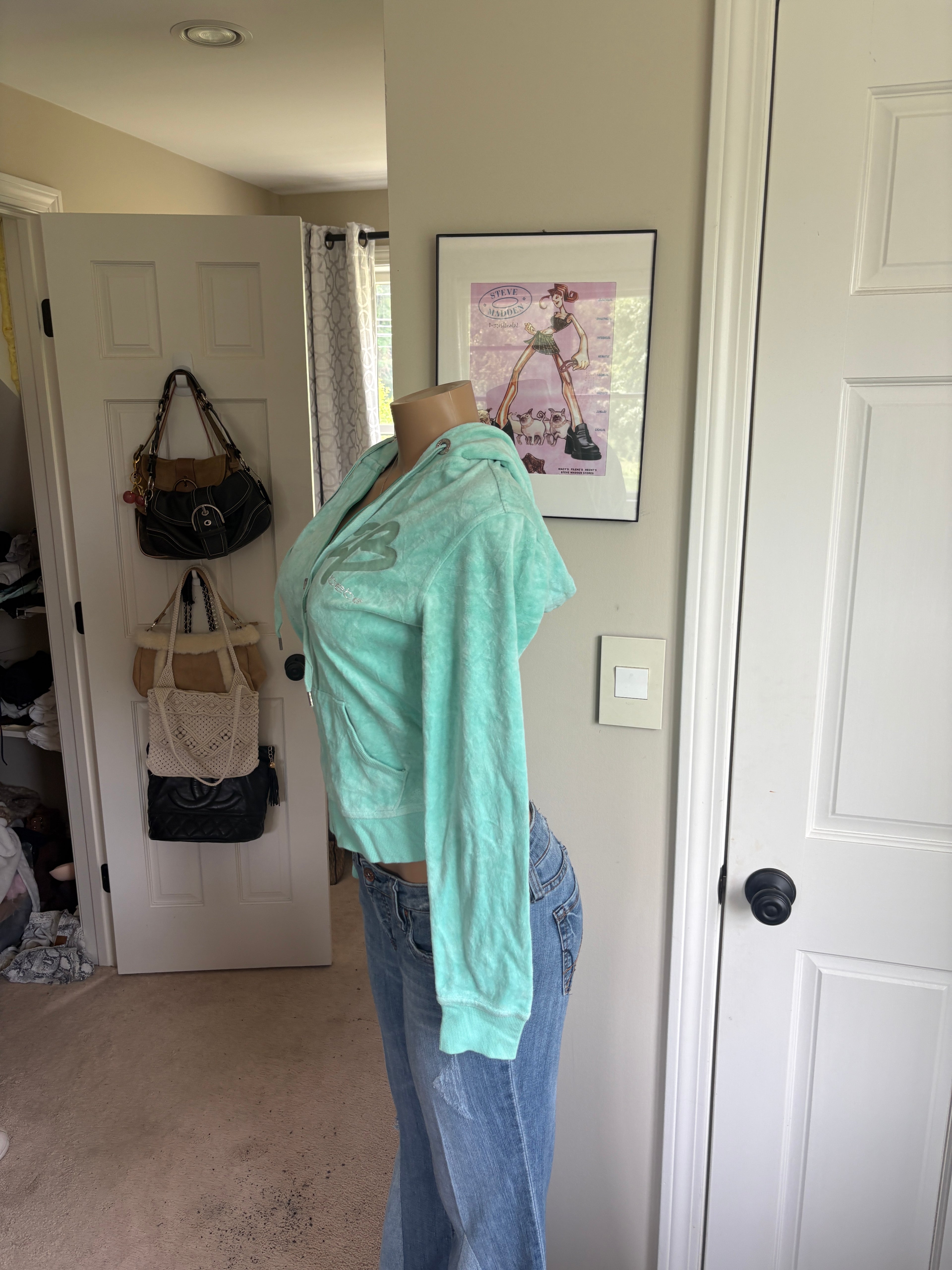 00s Bebe blue velour spellout zip hoodie (size S)