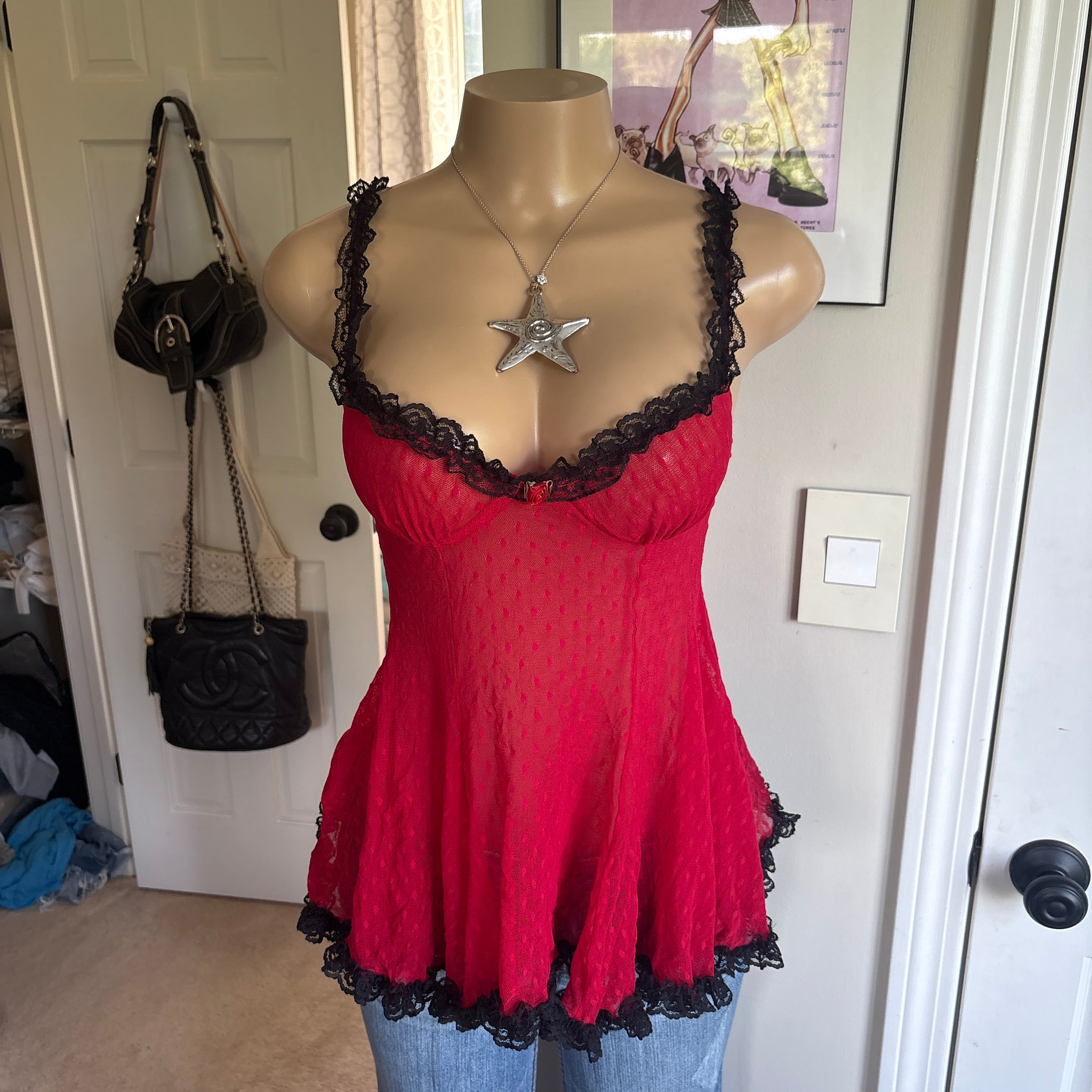 00s Victoria's Secret red rosette slip top (size S)