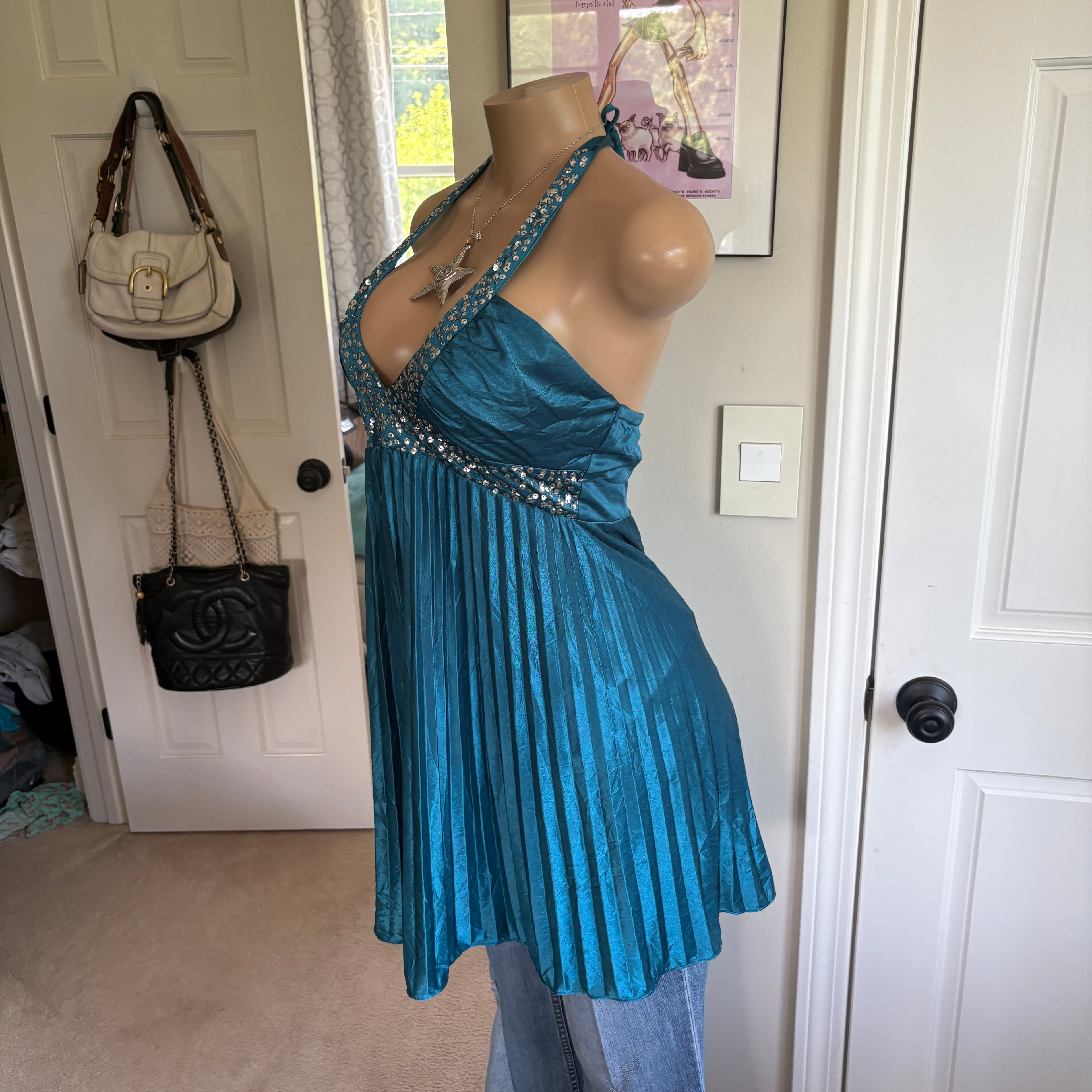00s blue sequin v neck halter dress (size L)
