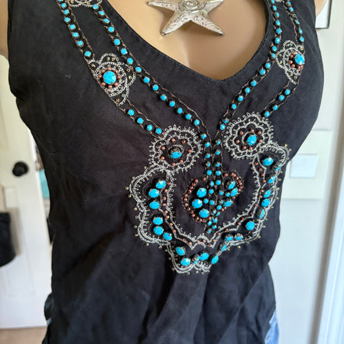 00s black & turquoise beaded tank top (size L)
