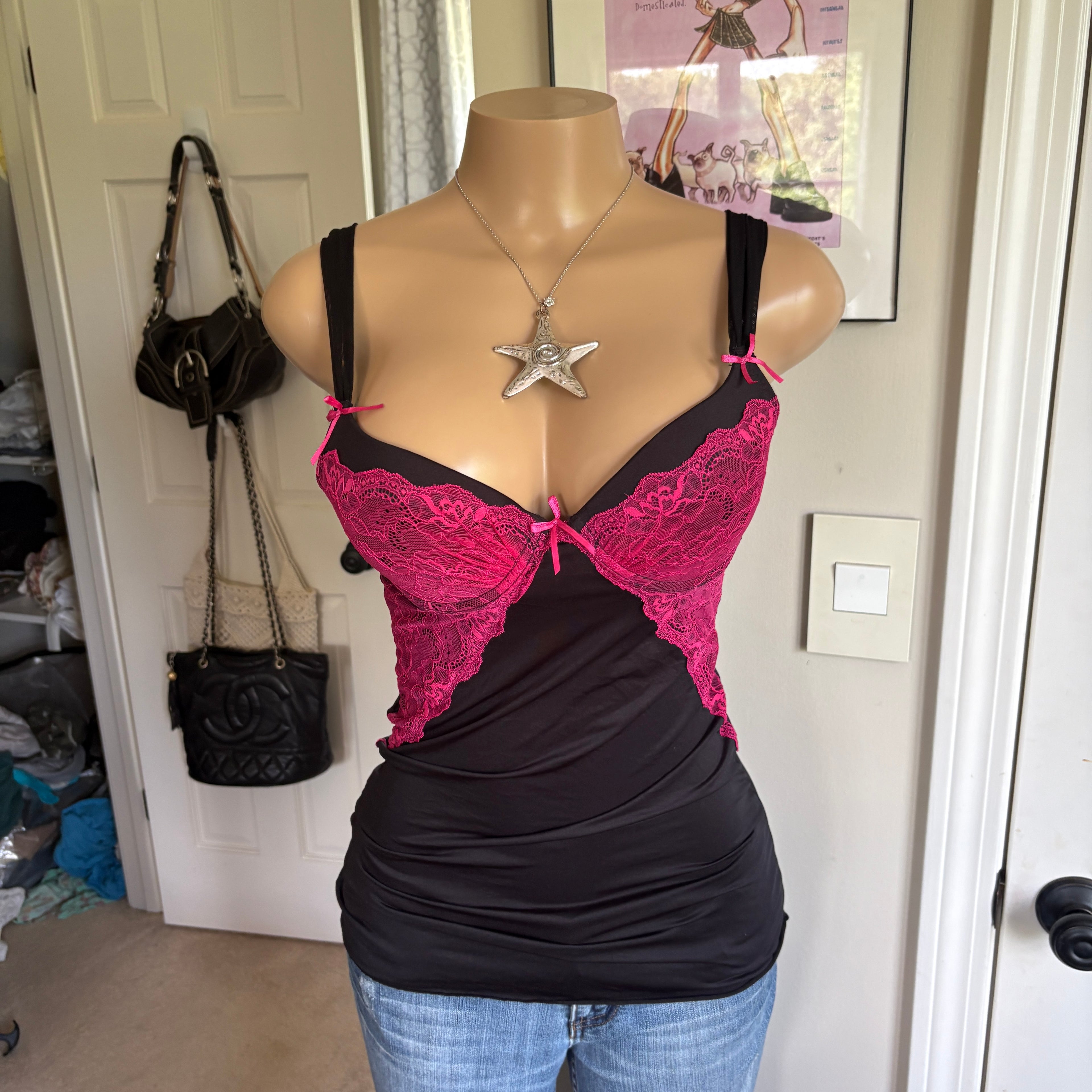 00s black & pink corset bustier top (size S)
