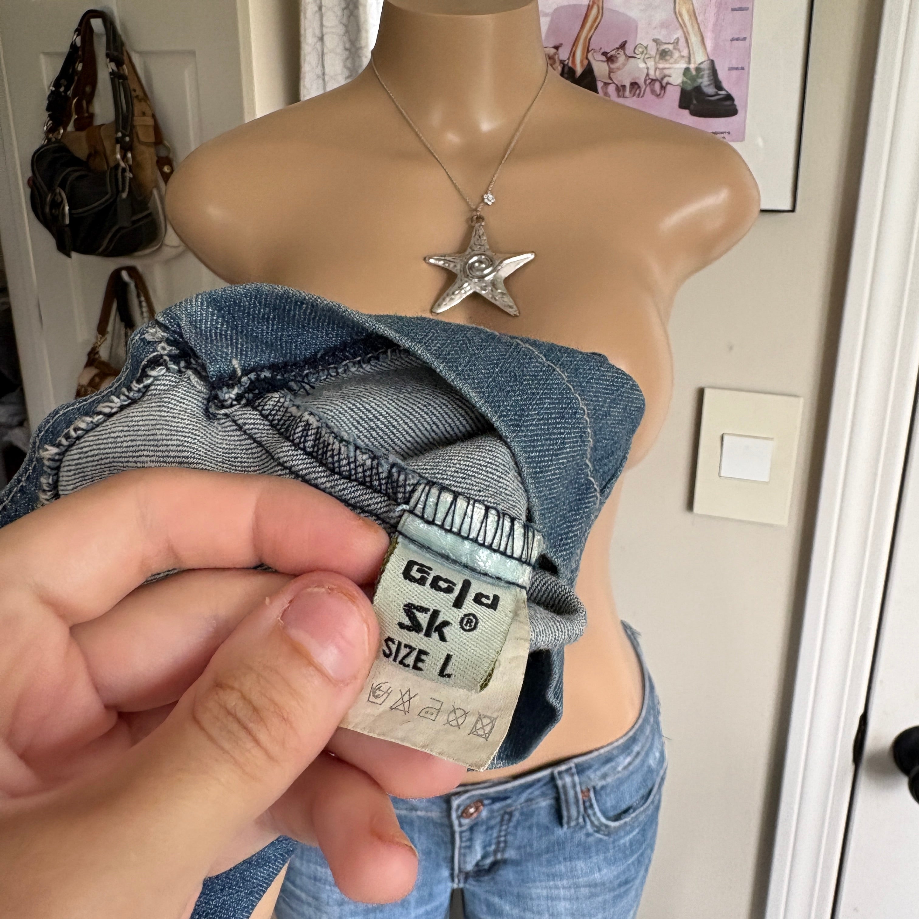 00s blue denim button vest (size L)