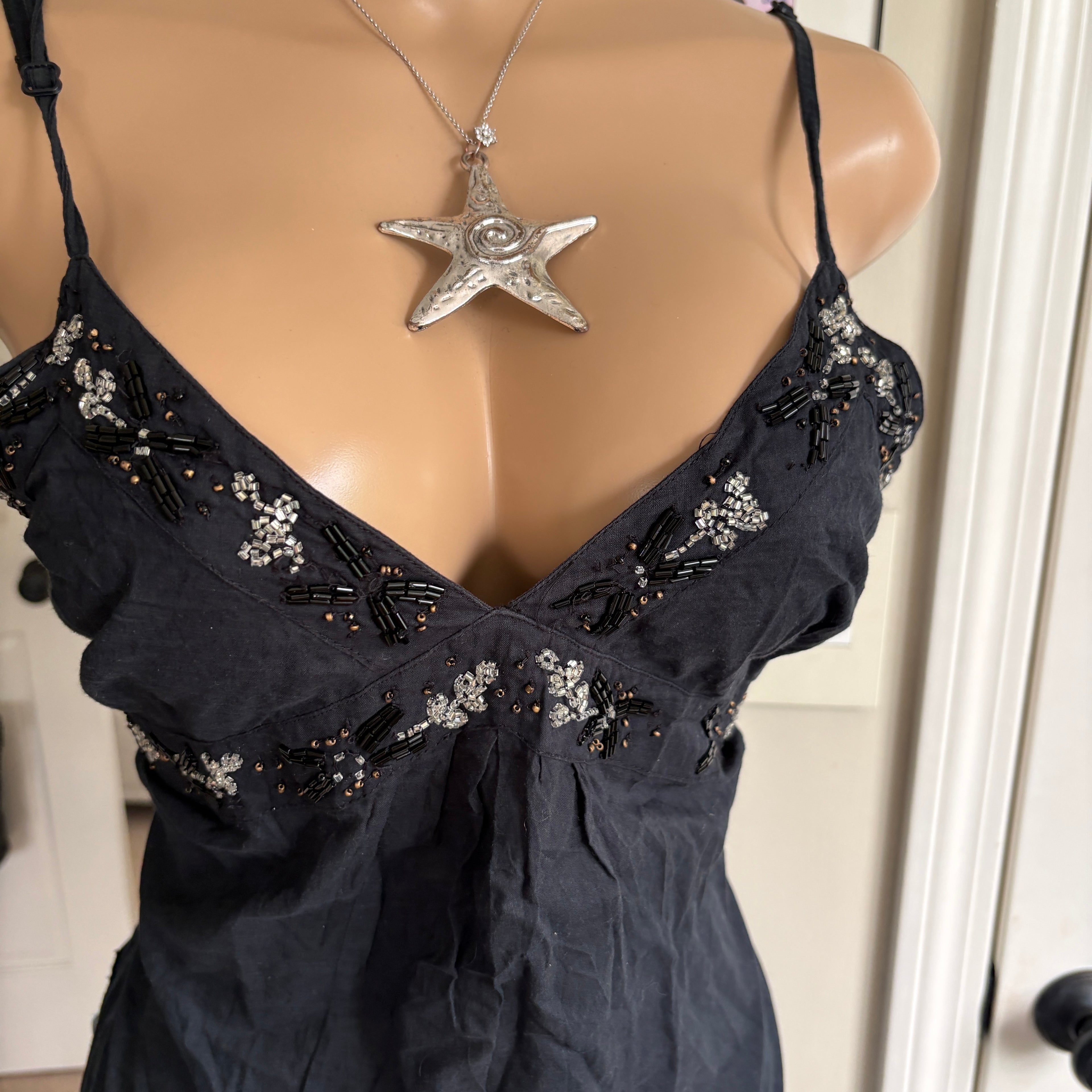 00s black floral beaded tank top (size L)