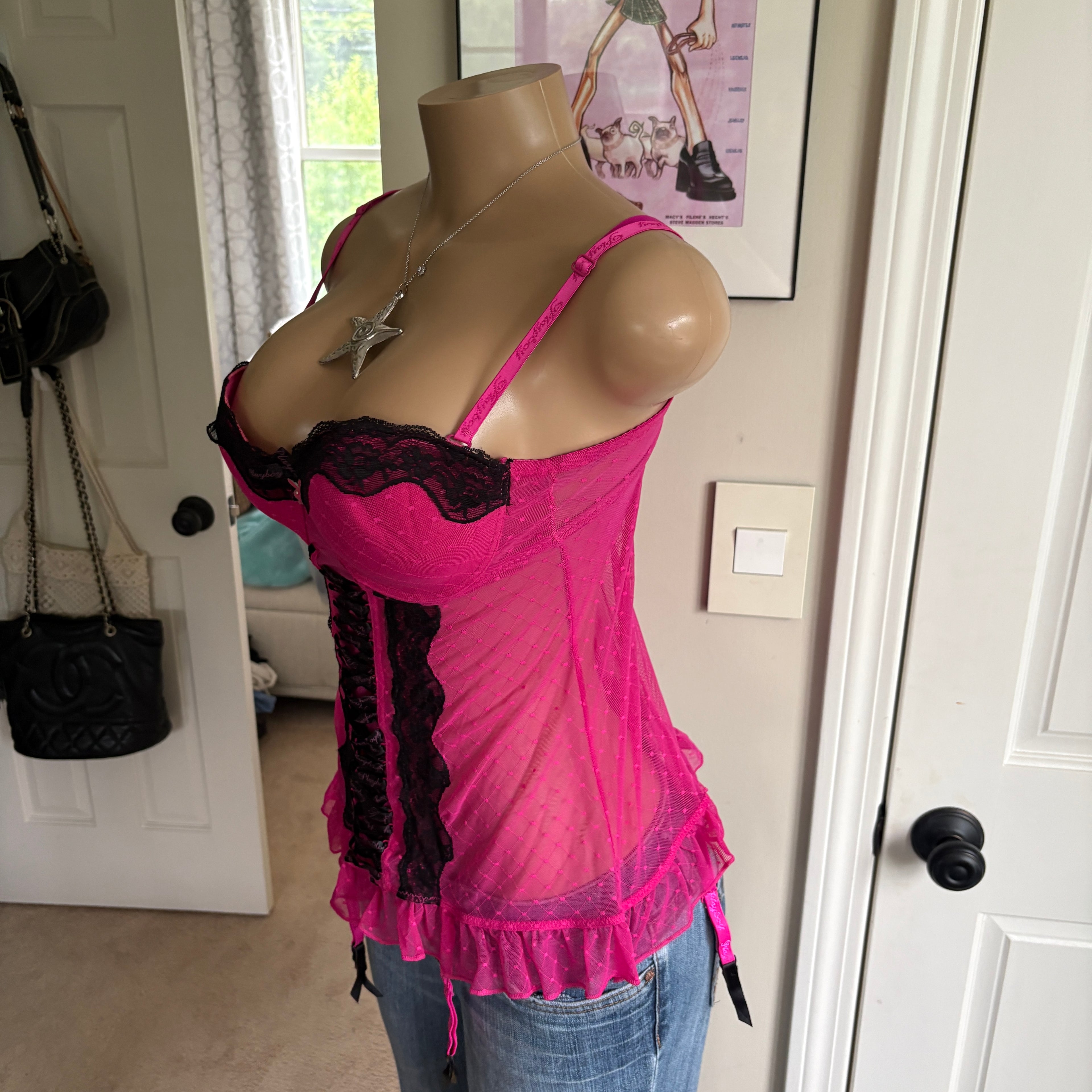 00s Playboy pink & black lingerie bustier top (size L)