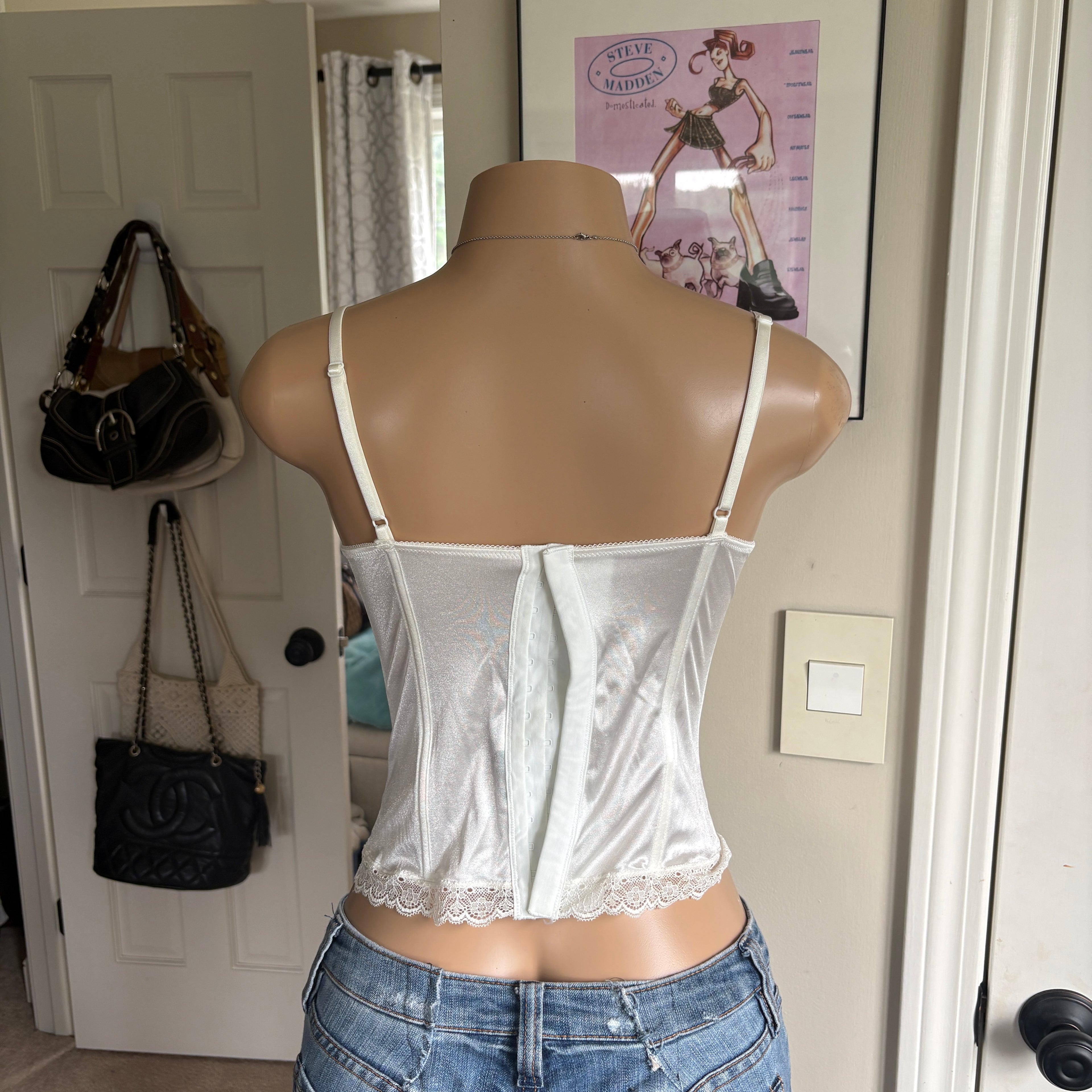 00s bow white & pink bow bustier corset top (size L)