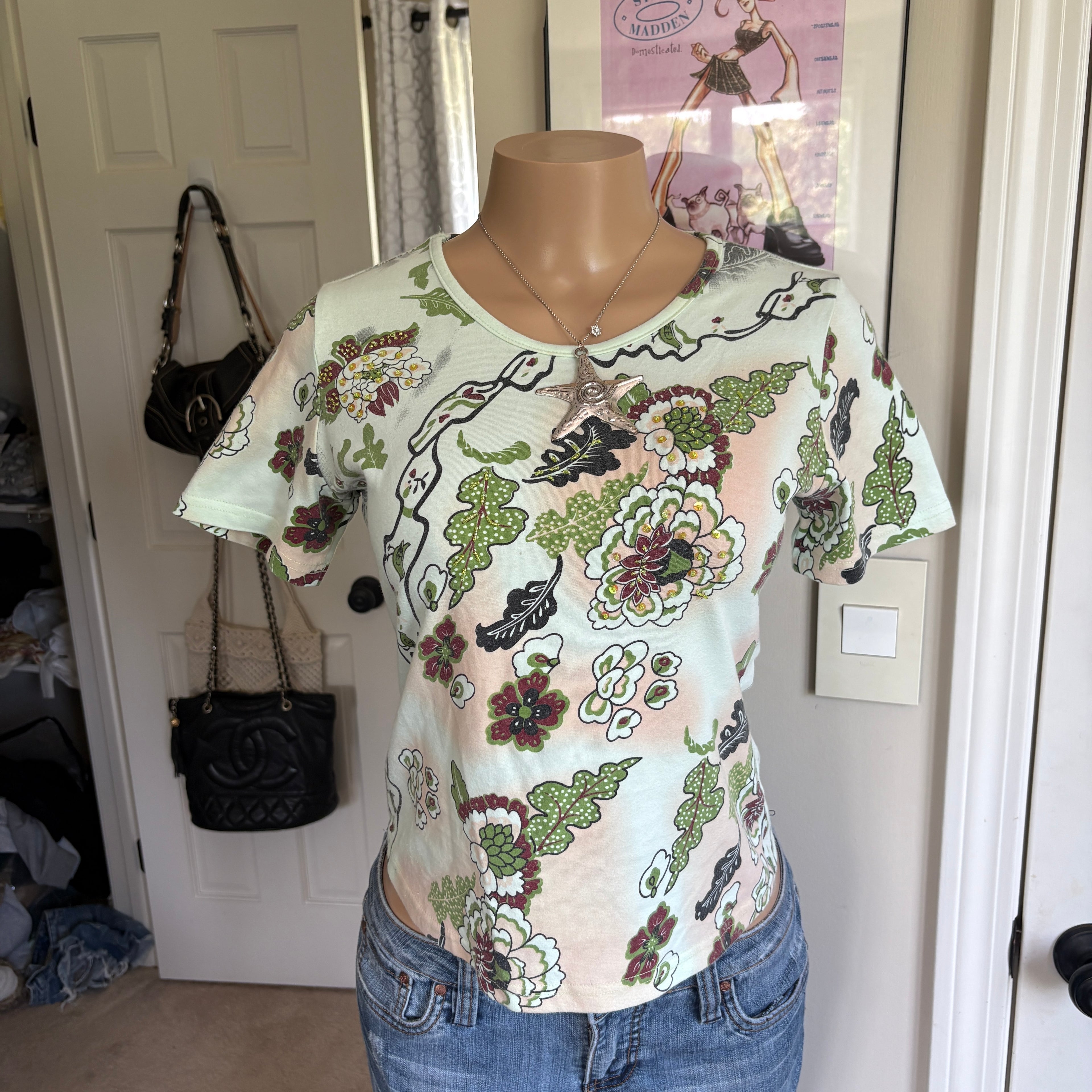 00s Miss Sixty floral sequin short sleeve top (size M)