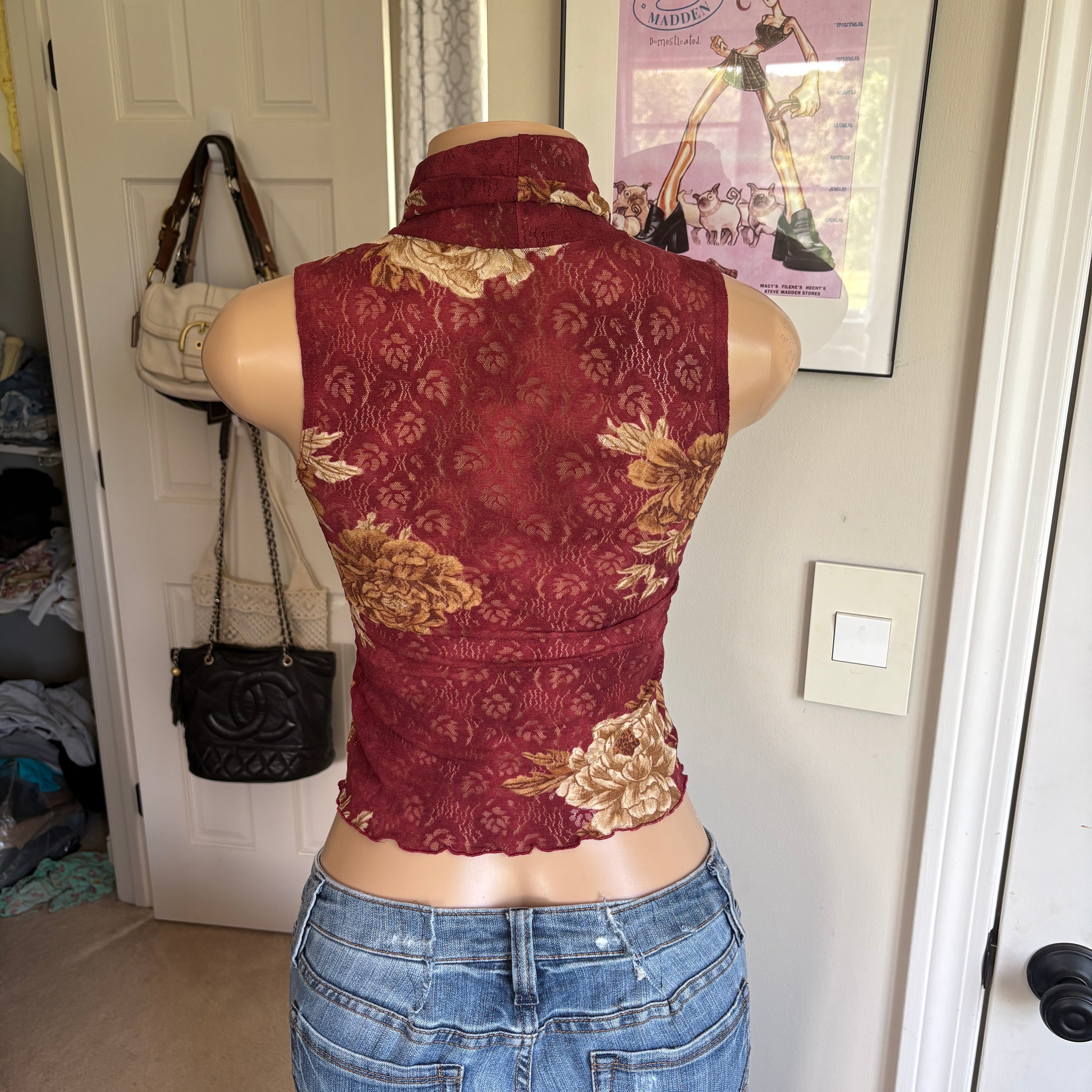 00s italian red floral turtleneck tank top (size S)
