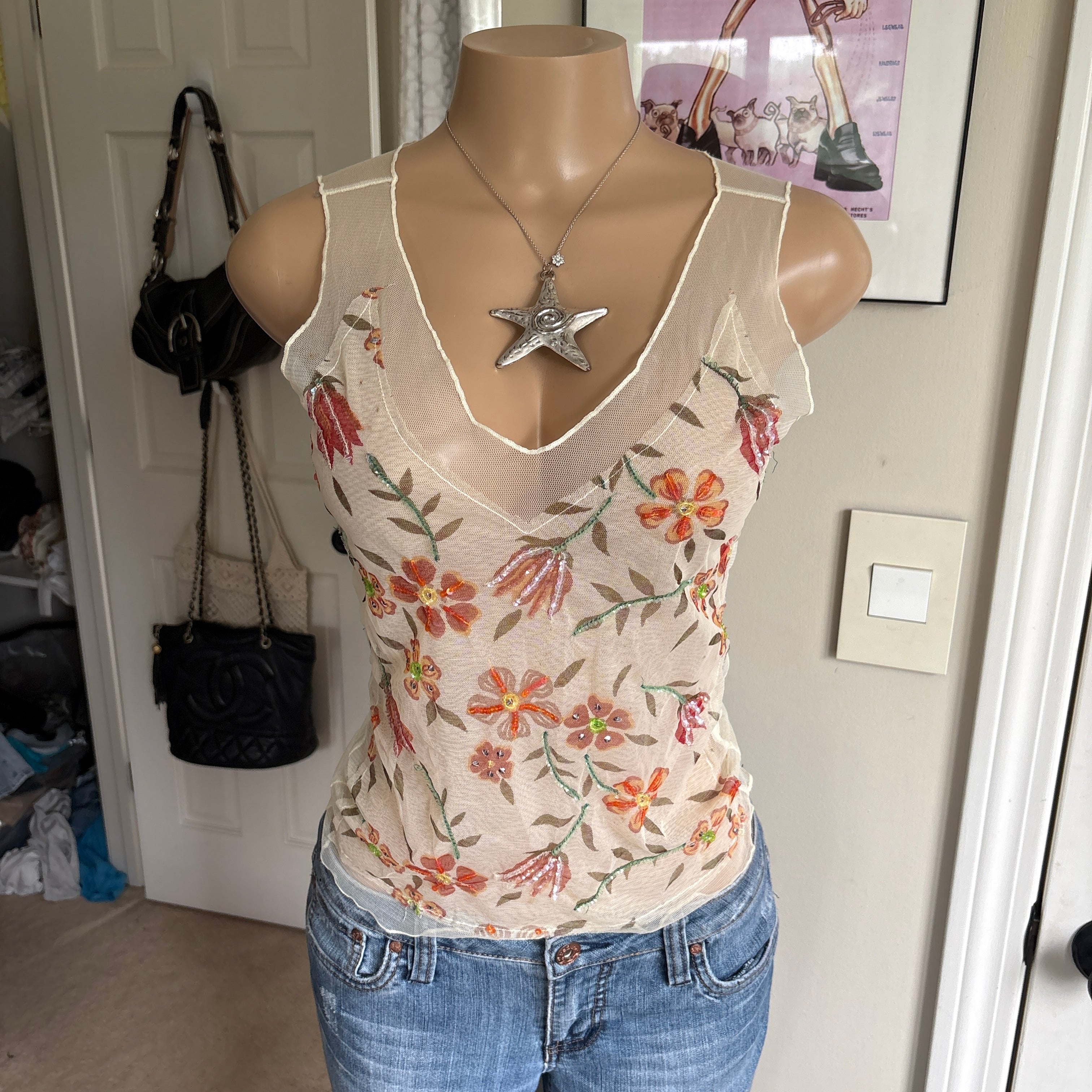 00s sheer floral beaded mesh tank top (size M)