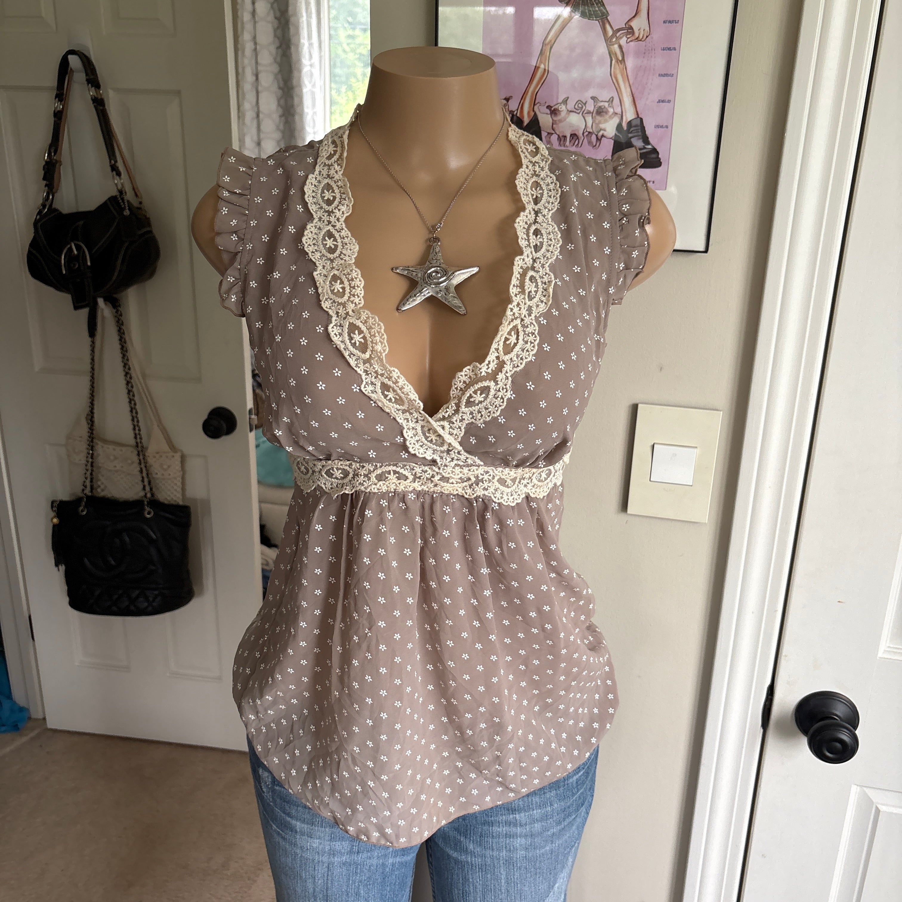 00s tan polka dot tie back babydoll top (size S/M)