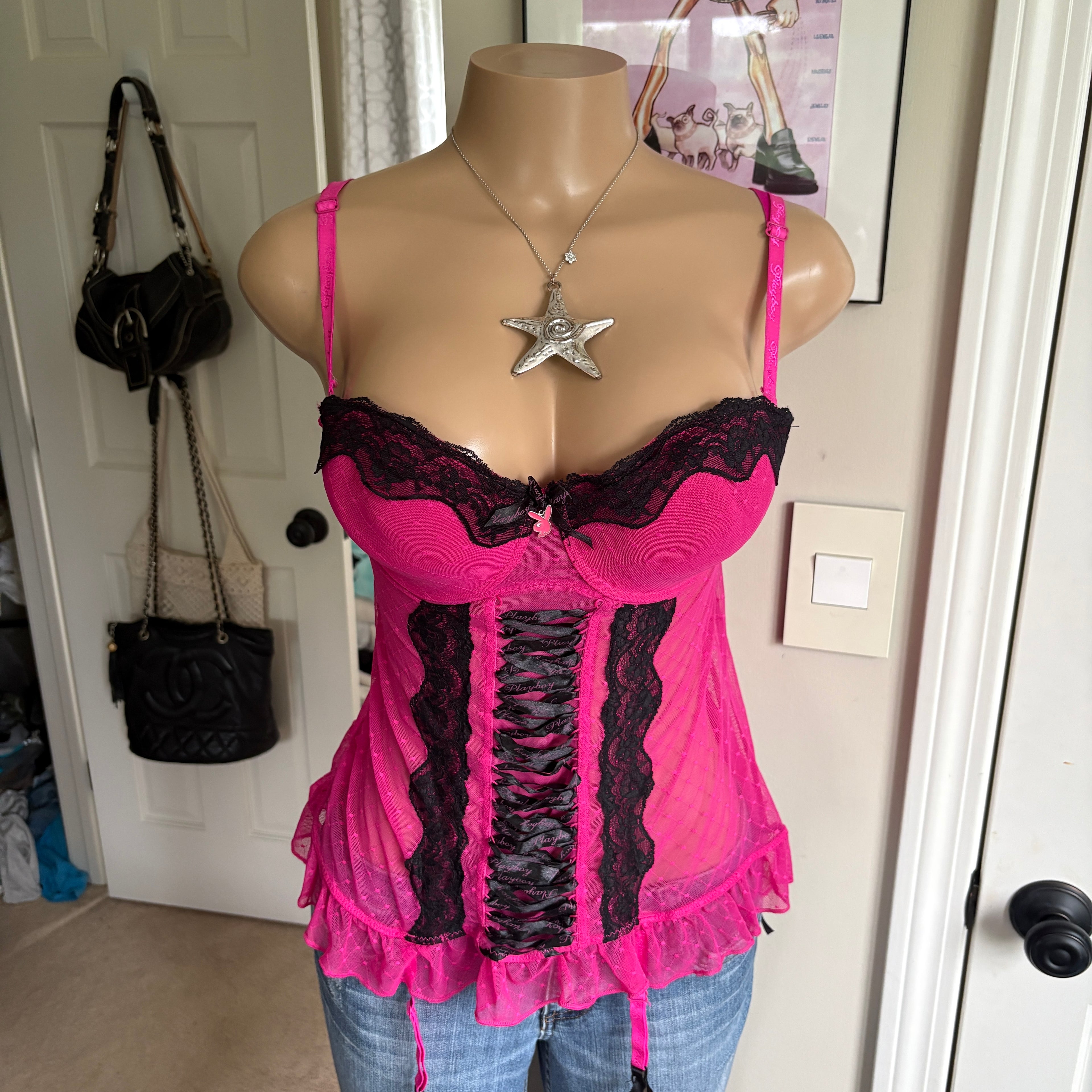 00s Playboy pink & black lingerie bustier top (size L)
