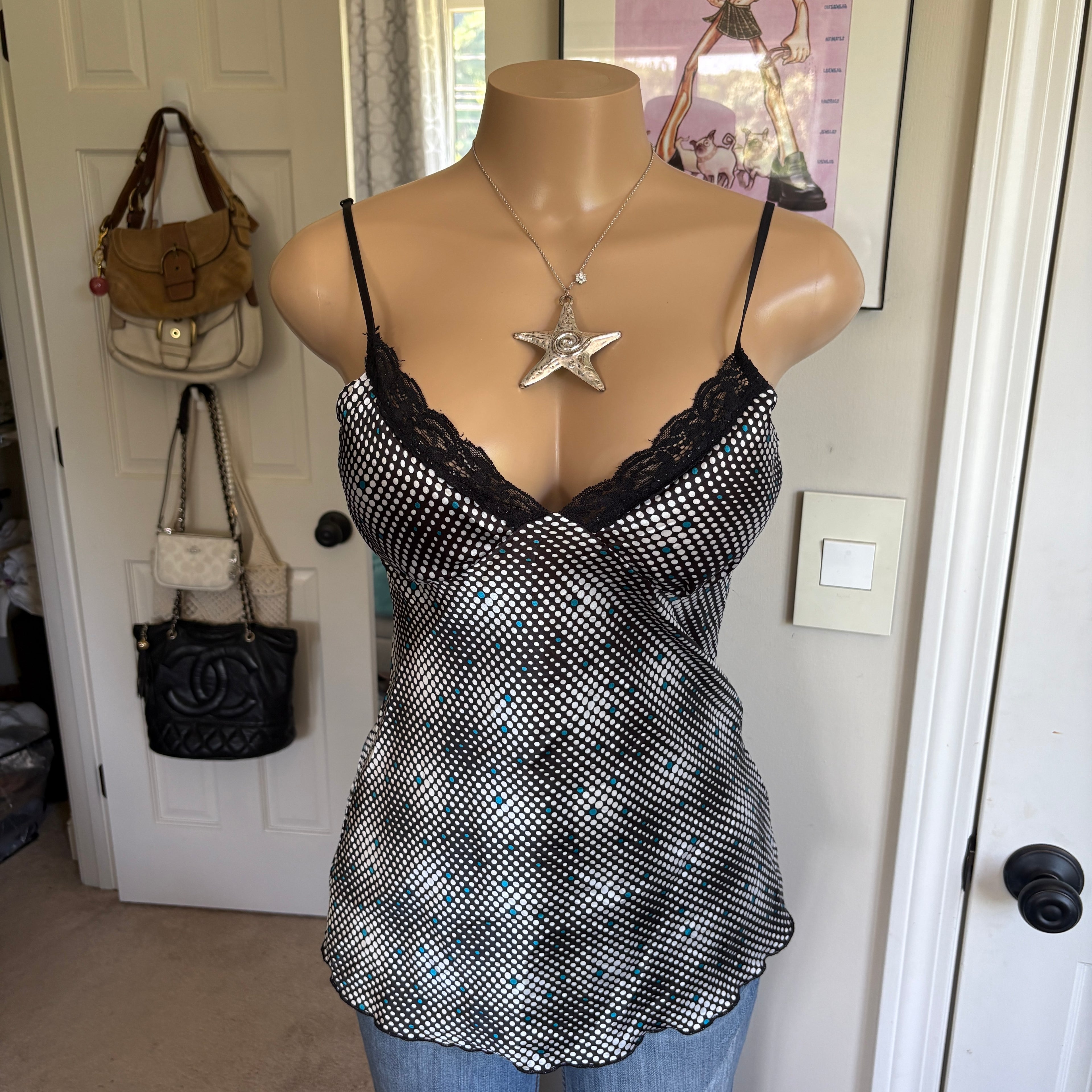 00s Suzy Shier black polka dot satin lace cami (size M)