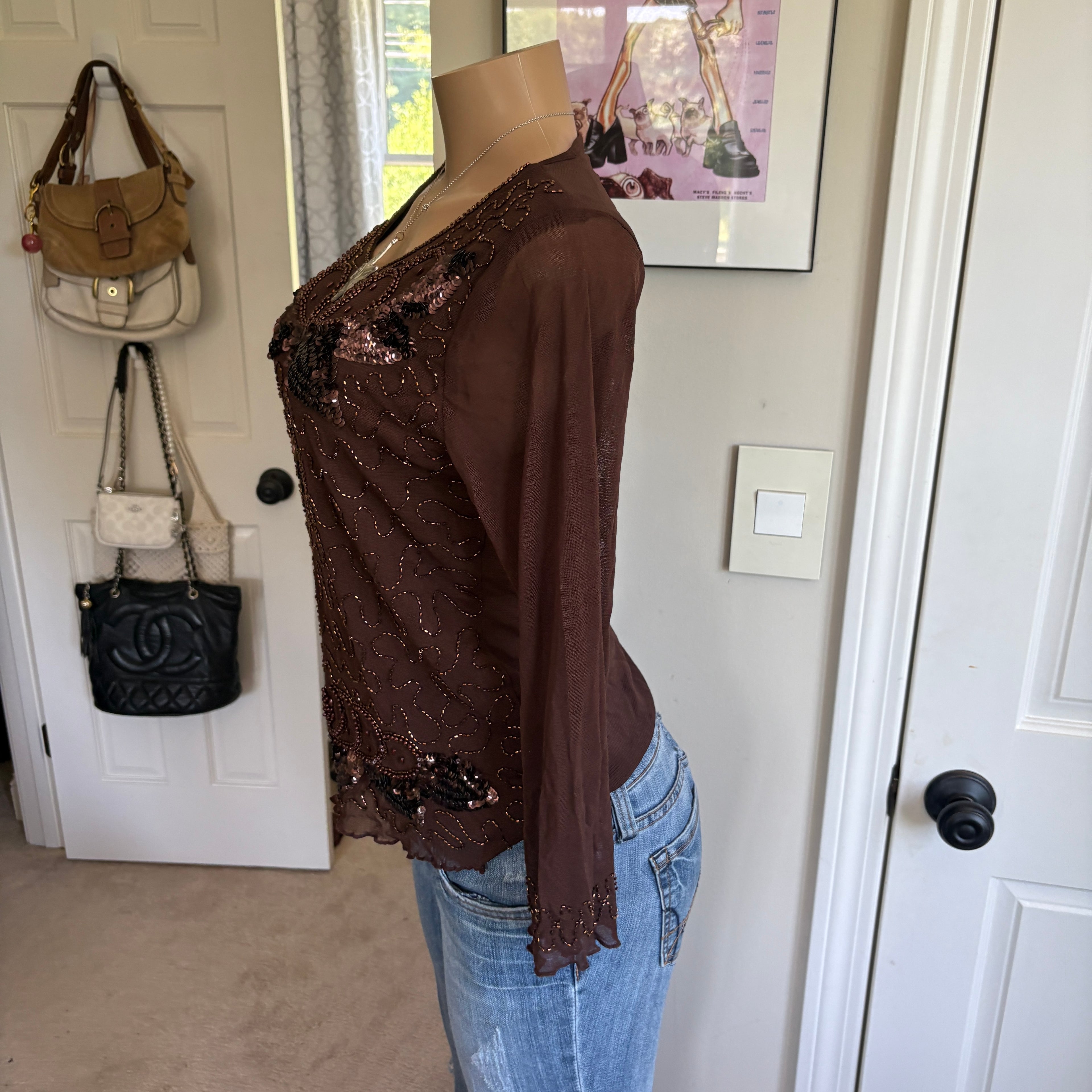 00s brown beaded long sleeve (size M/L)